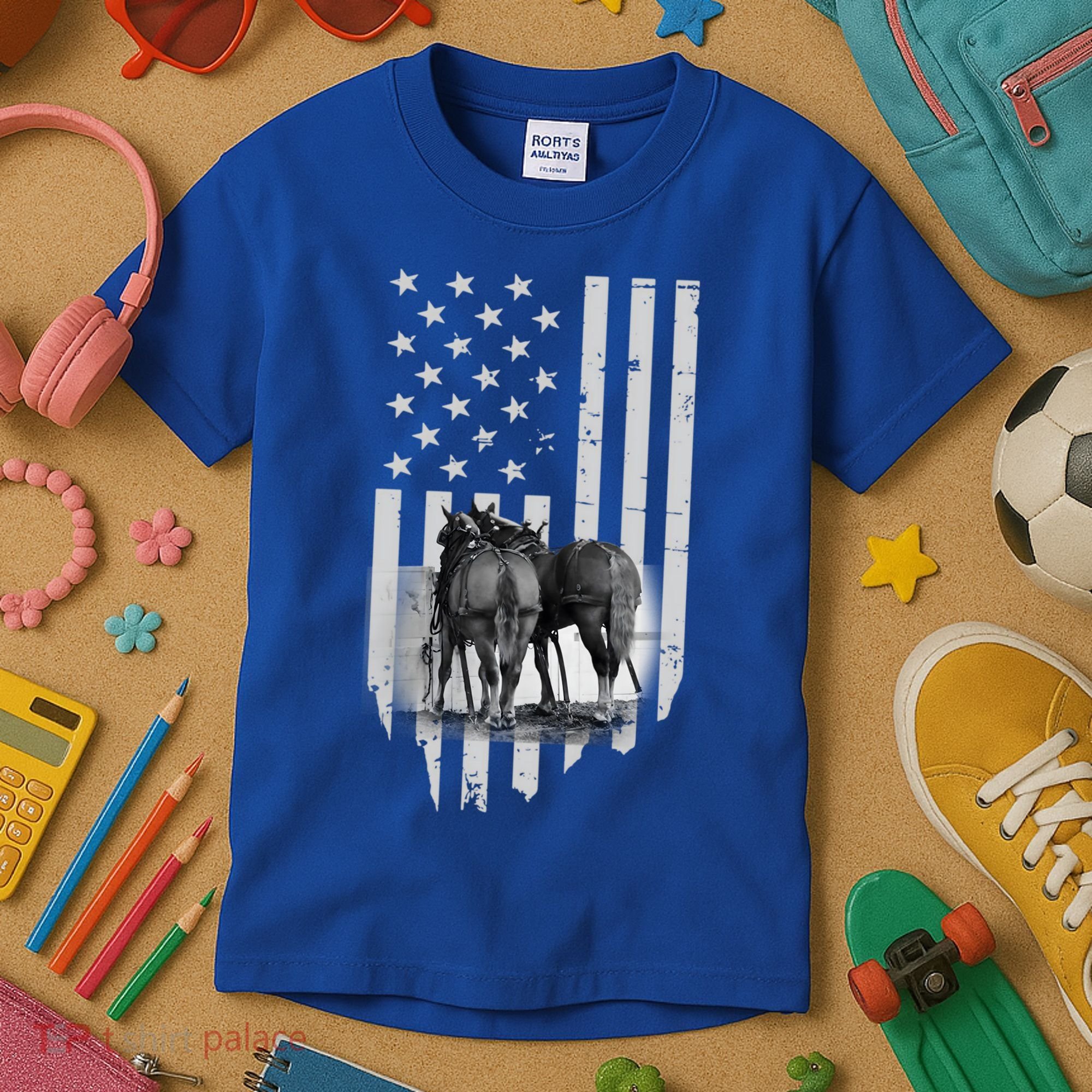 American Flag Belgian Draft Horses Gift For Farmer Meaningful Gift Kids T-Shirt