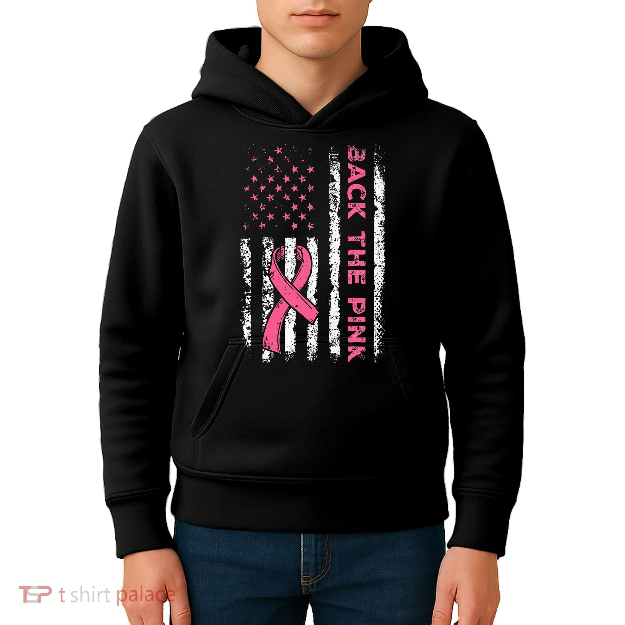 American Flag Back The Breast Cancer Awareness Kids Hoodie