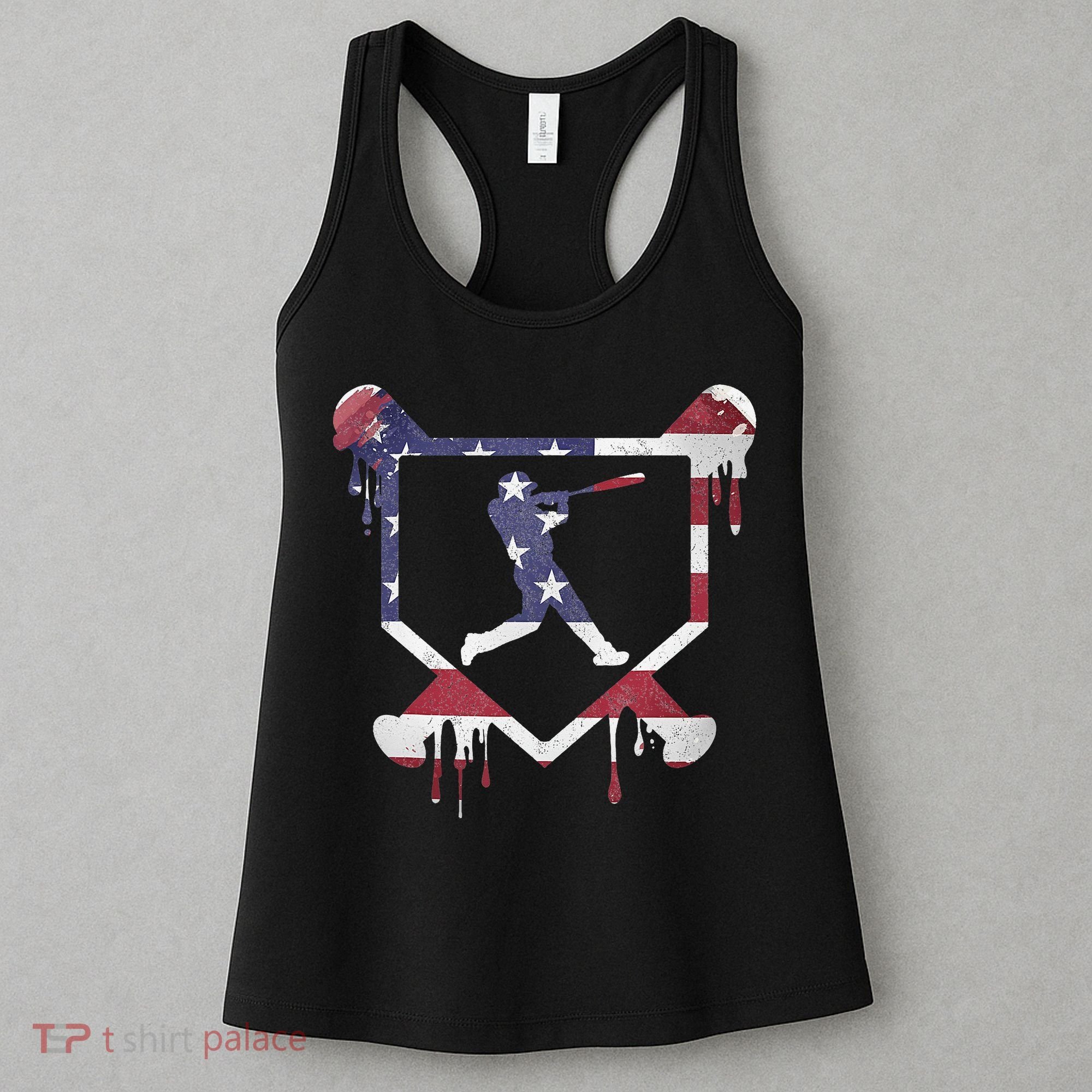 American Flag Baseball Dripping Ice Cream Home Plate Women's Tank Top