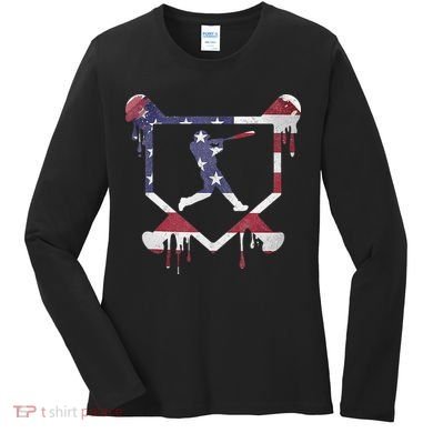 American Flag Baseball Dripping Ice Cream Home Plate Women's Long Sleeve Shirt
