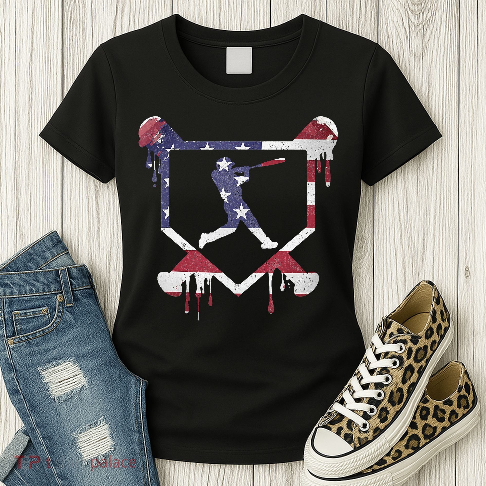 American Flag Baseball Dripping Ice Cream Home Plate Women's T-Shirt