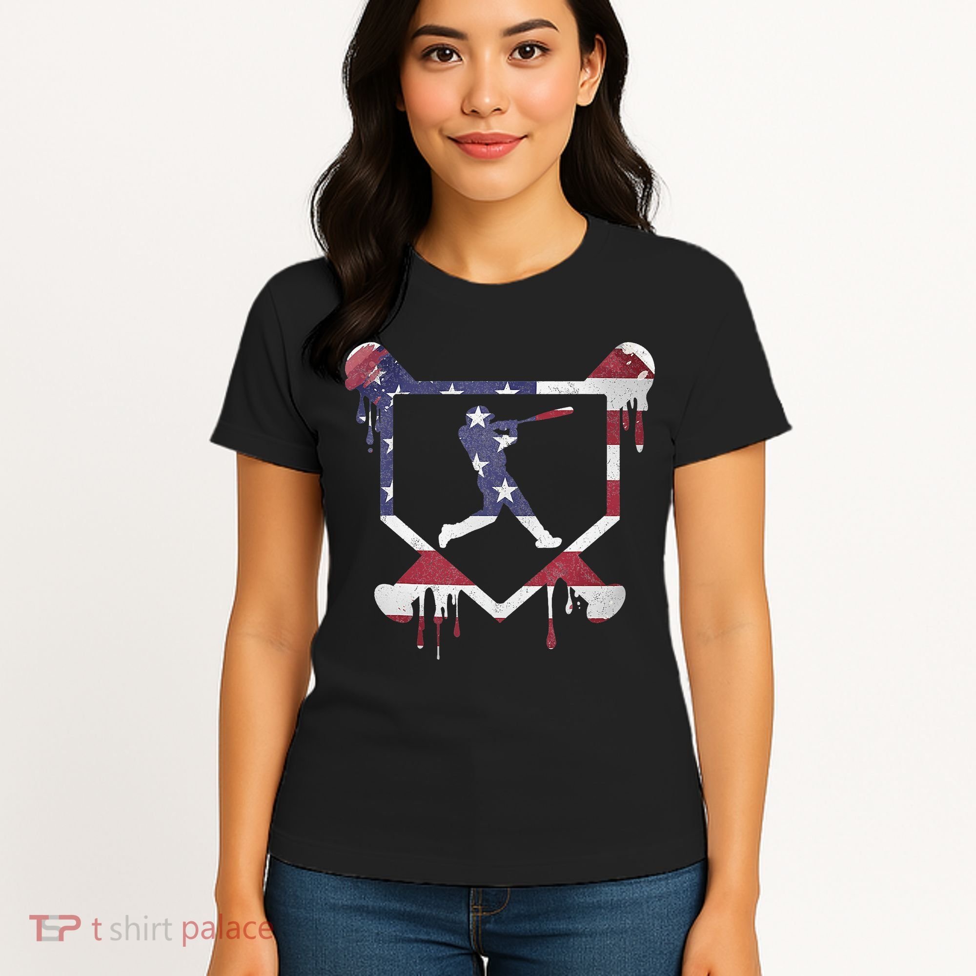 American Flag Baseball Dripping Ice Cream Home Plate Women's T-Shirt