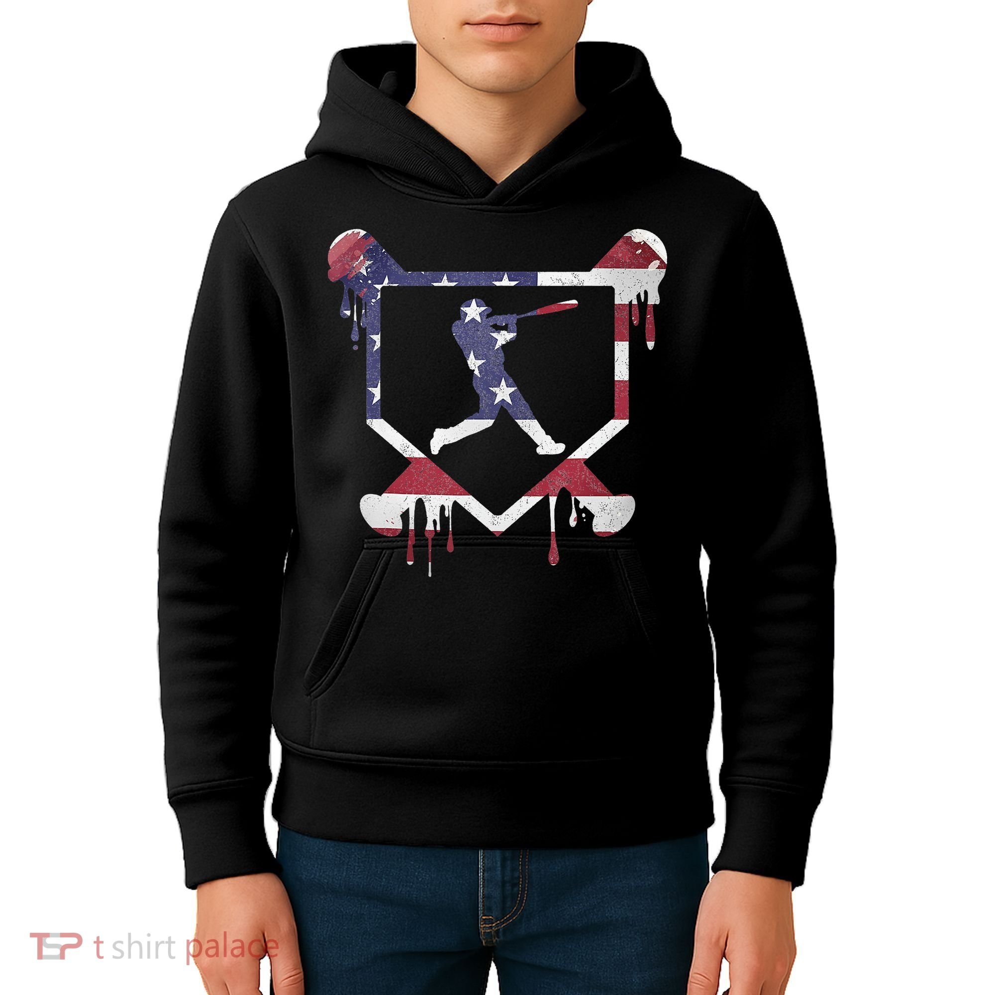 American Flag Baseball Dripping Ice Cream Home Plate Kids Hoodie