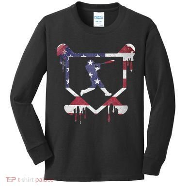 American Flag Baseball Dripping Ice Cream Home Plate Kids Long Sleeve Shirt