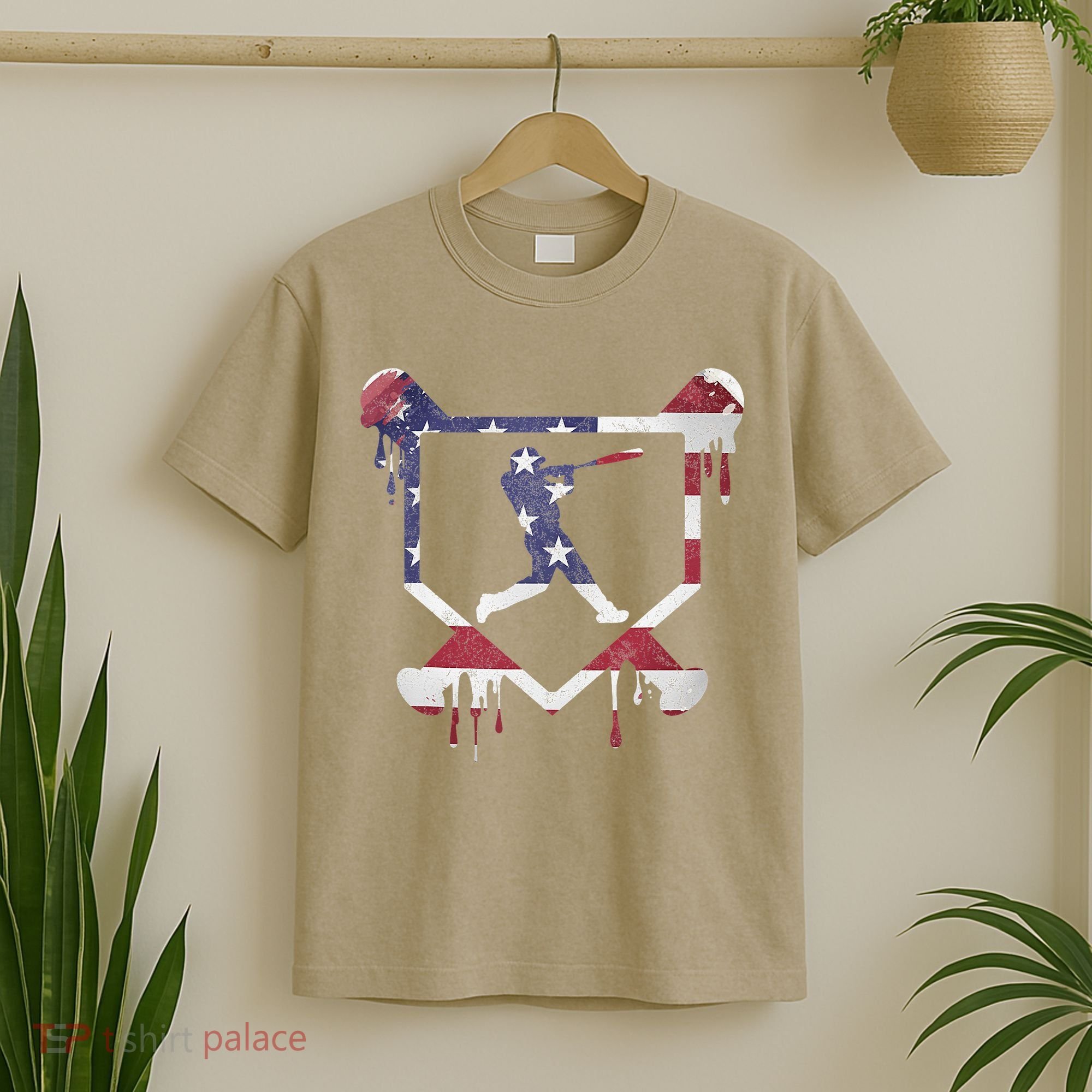 American Flag Baseball Dripping Ice Cream Home Plate T-Shirt