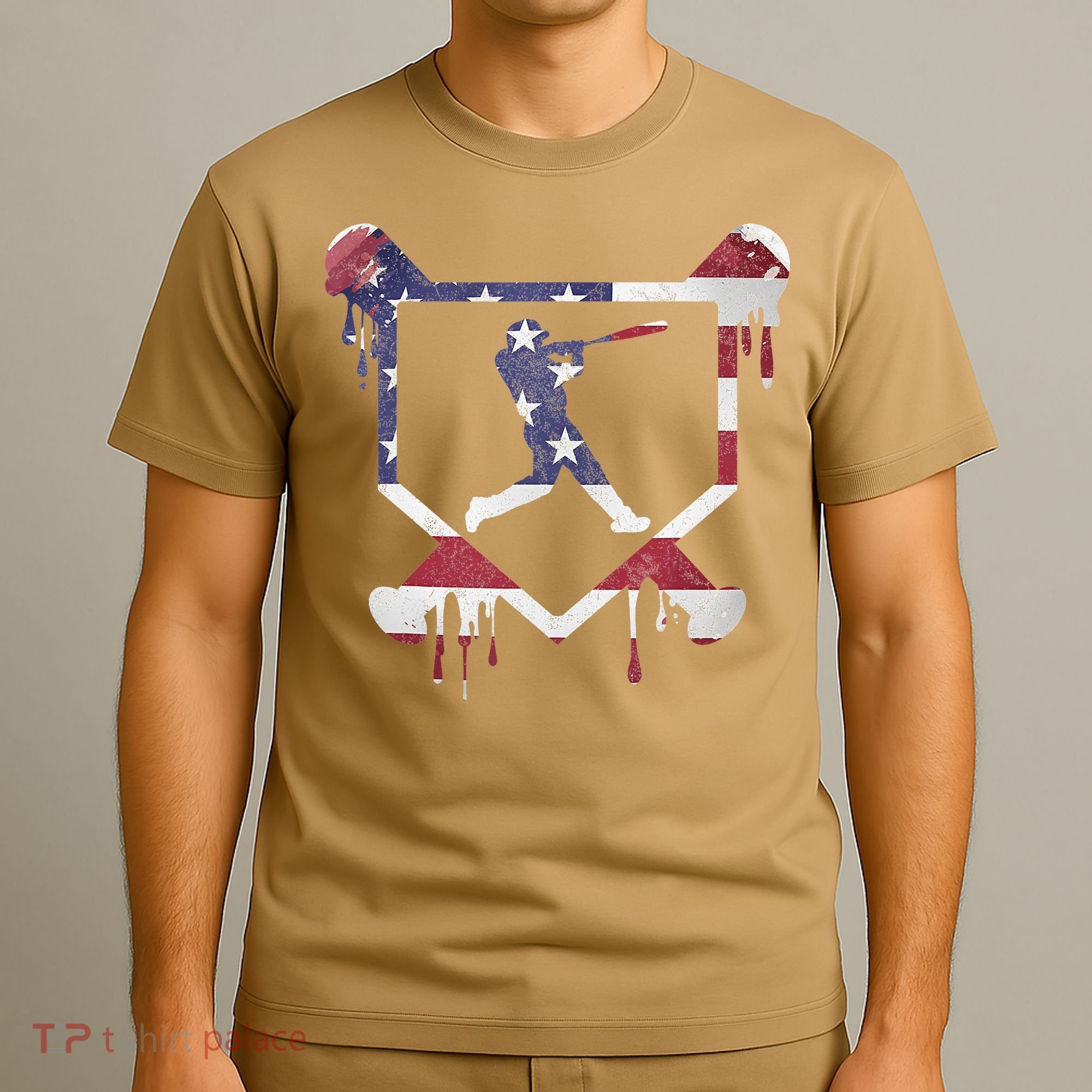 American Flag Baseball Dripping Ice Cream Home Plate T-Shirt