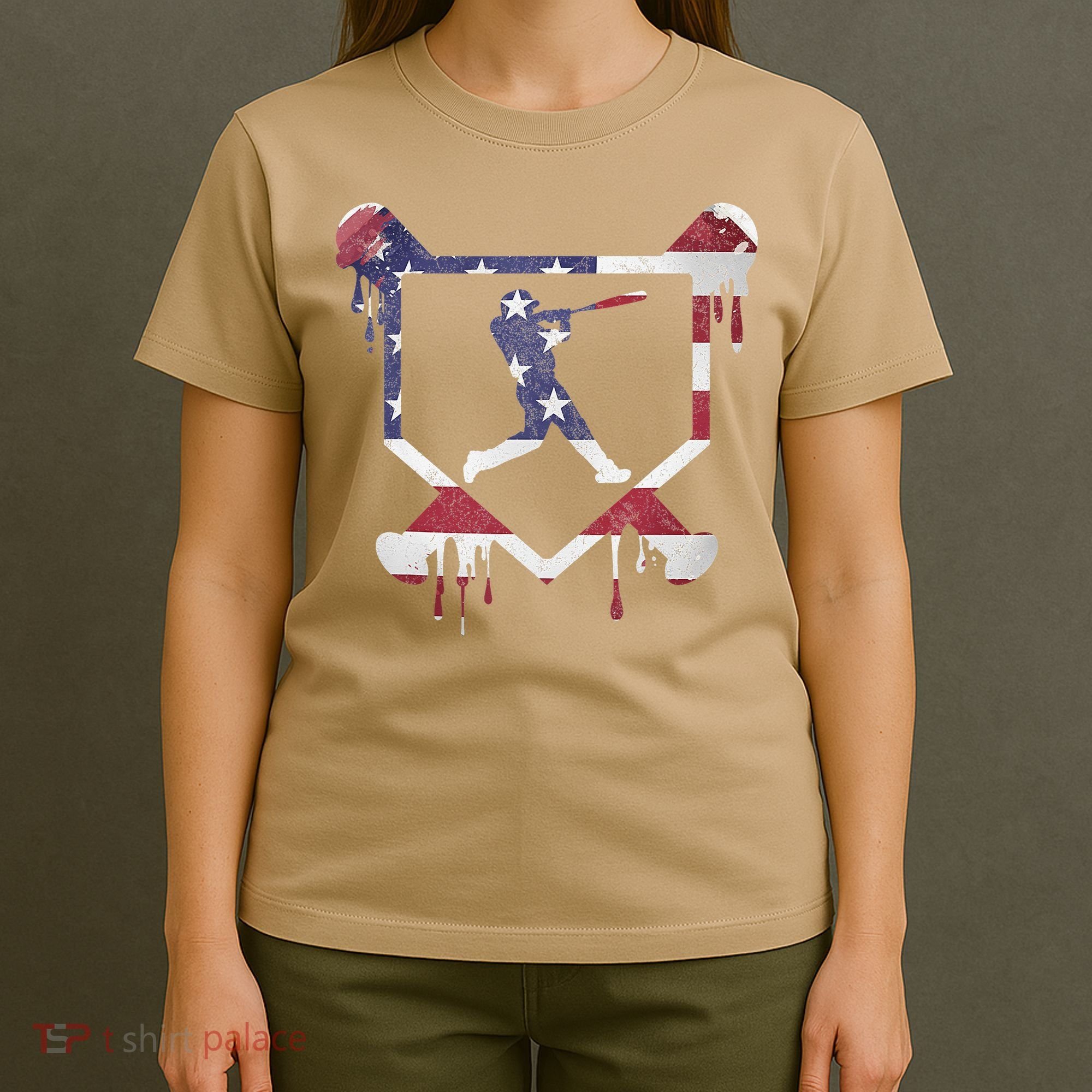 American Flag Baseball Dripping Ice Cream Home Plate T-Shirt