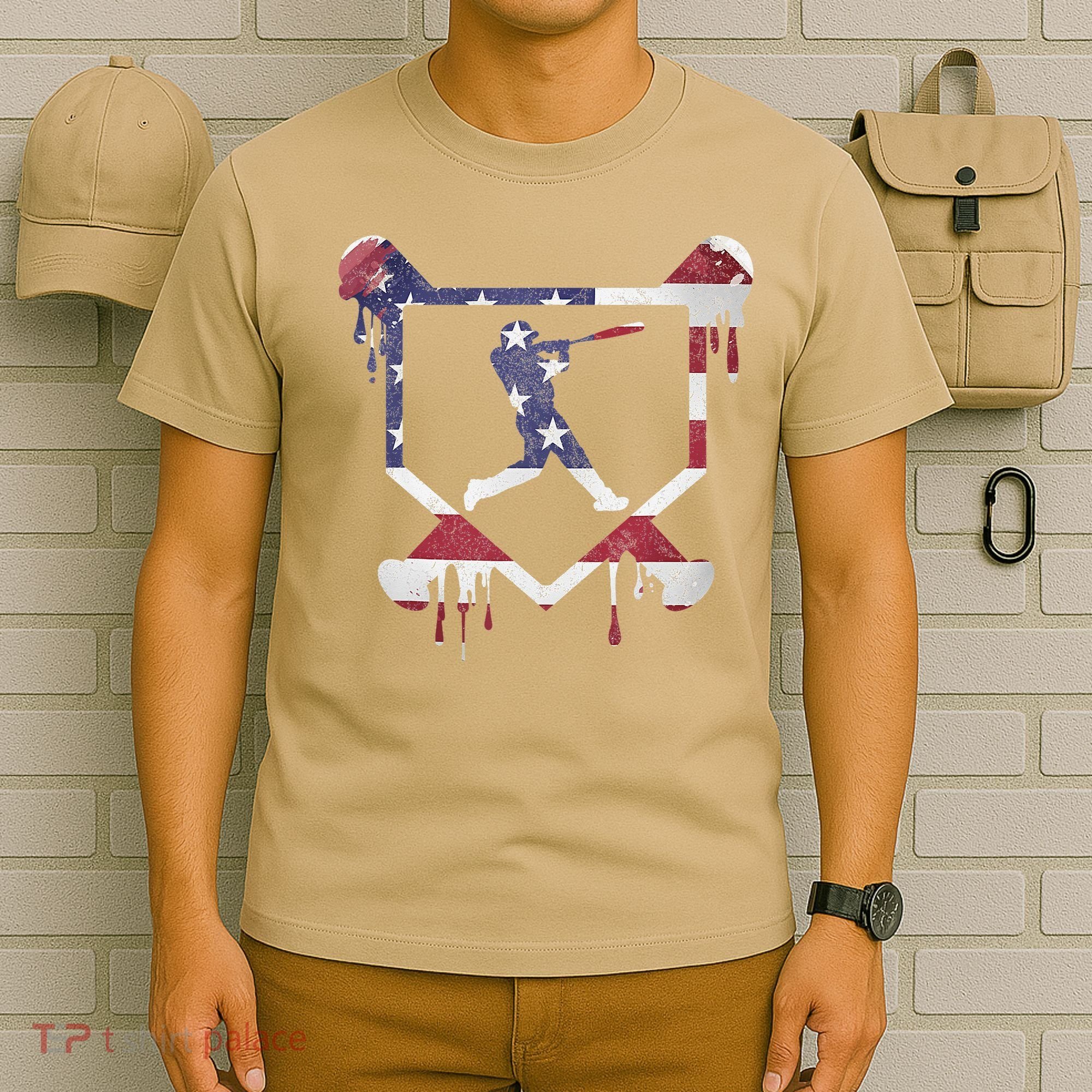 American Flag Baseball Dripping Ice Cream Home Plate T-Shirt