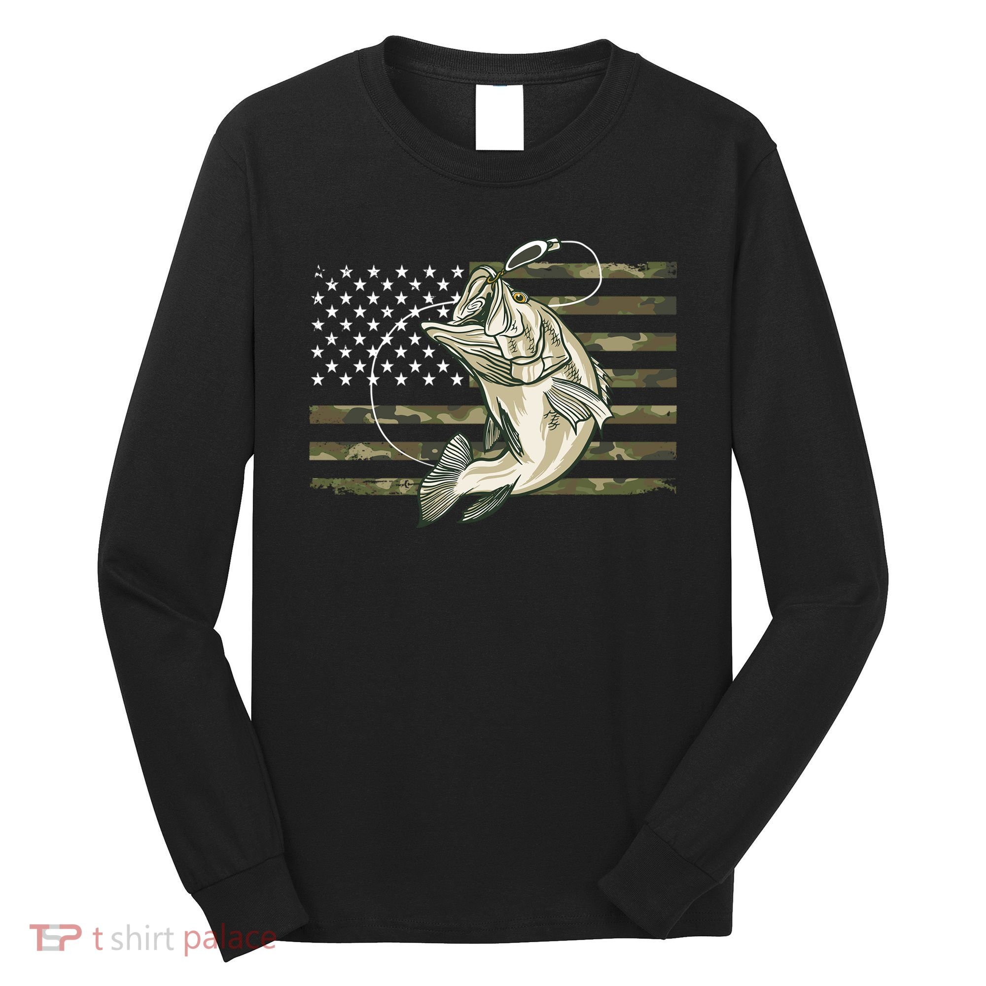 American Flag Bass Fish Fisherman Long Sleeve Shirt