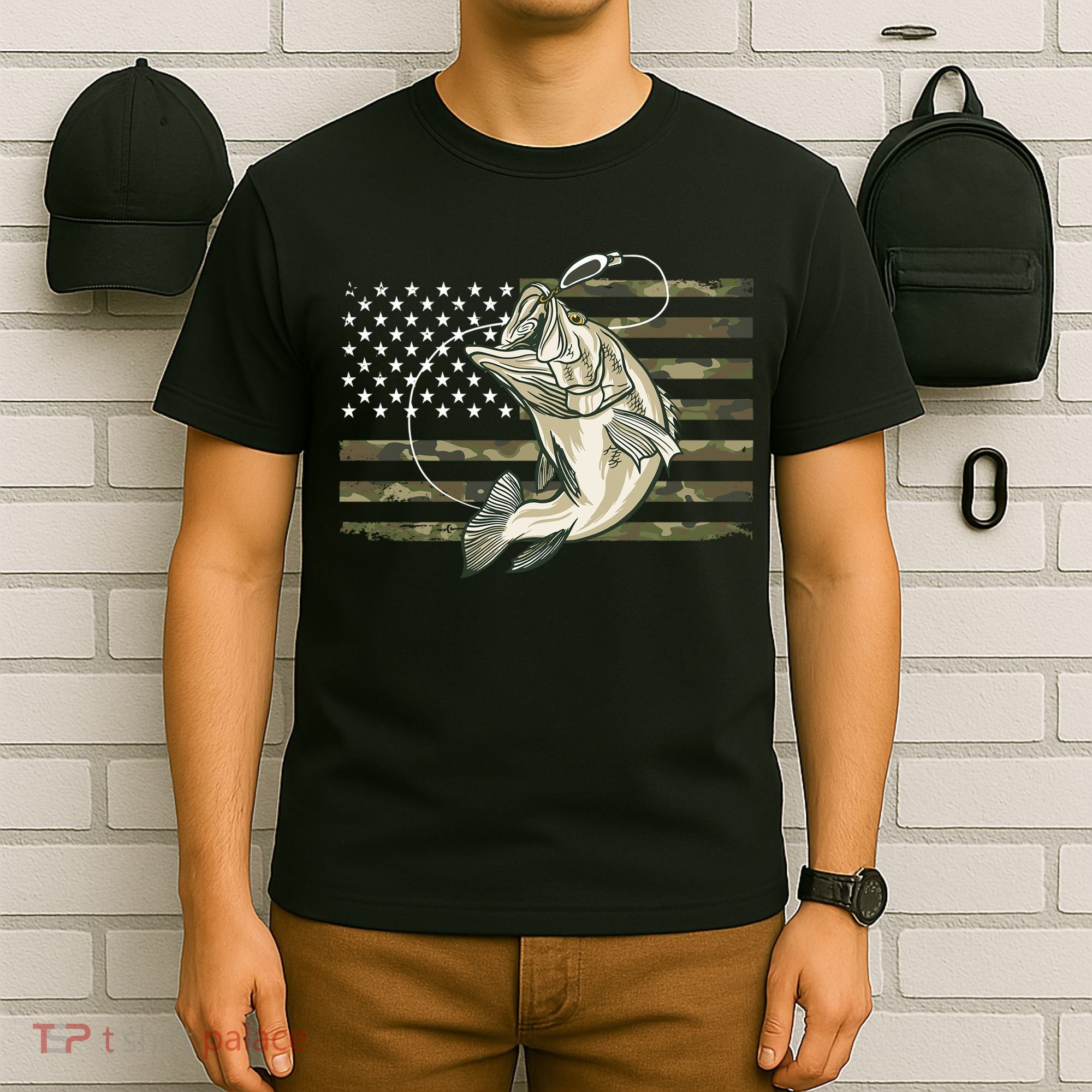 American Flag Bass Fish Fisherman T-Shirt