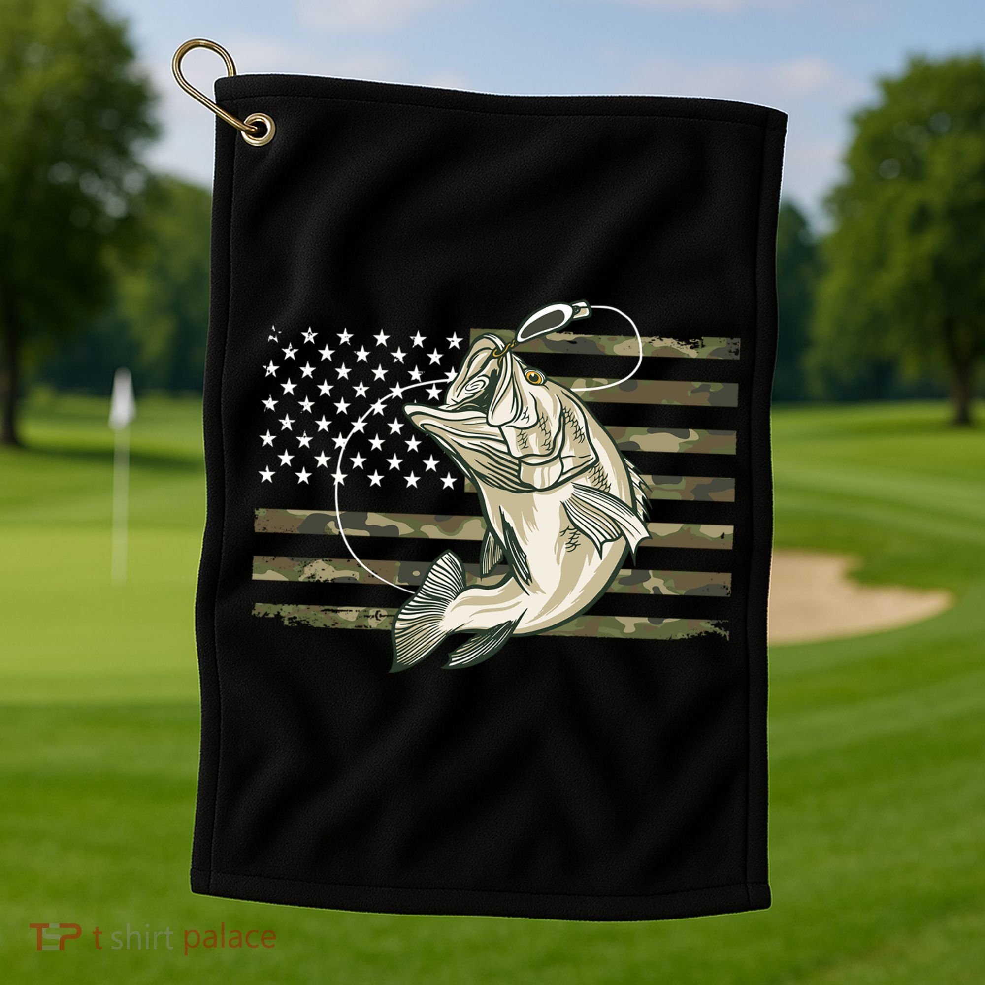 American Flag Bass Fish Fisherman Golf Towel