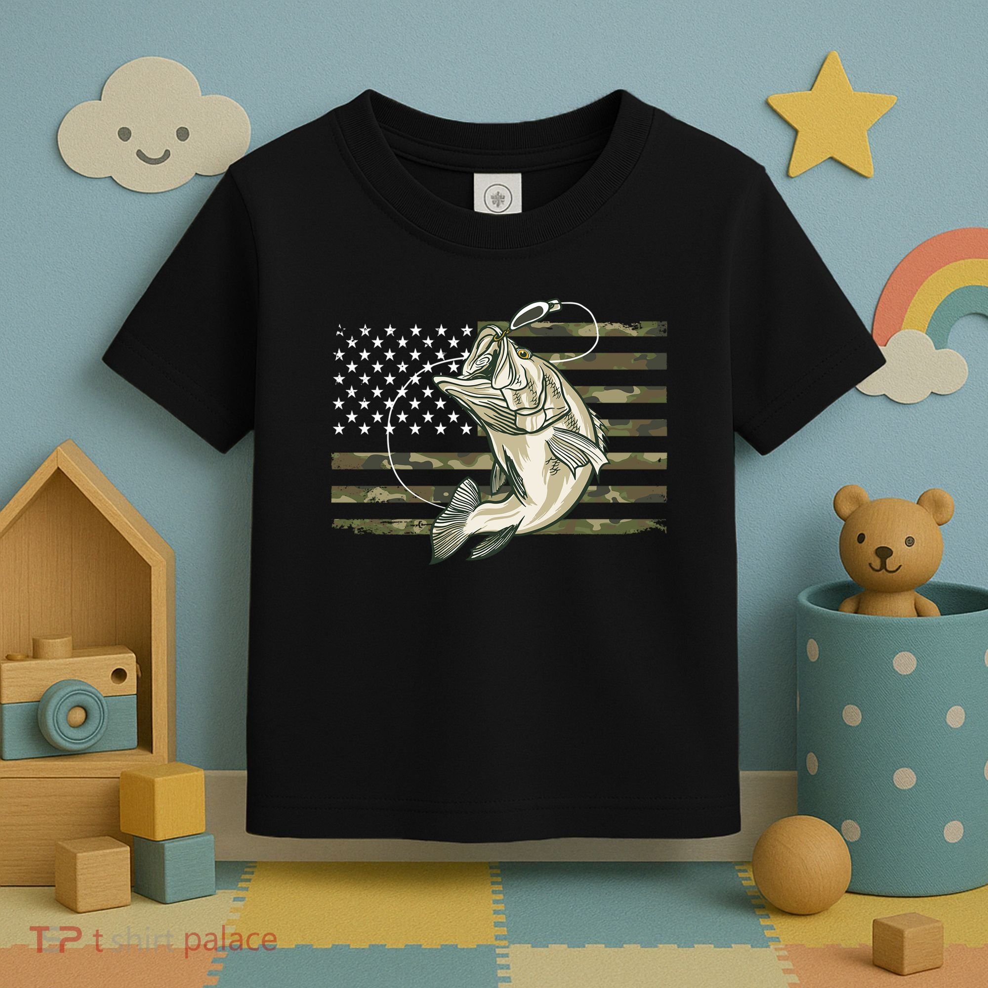 American Flag Bass Fish Fisherman Toddler T-Shirt