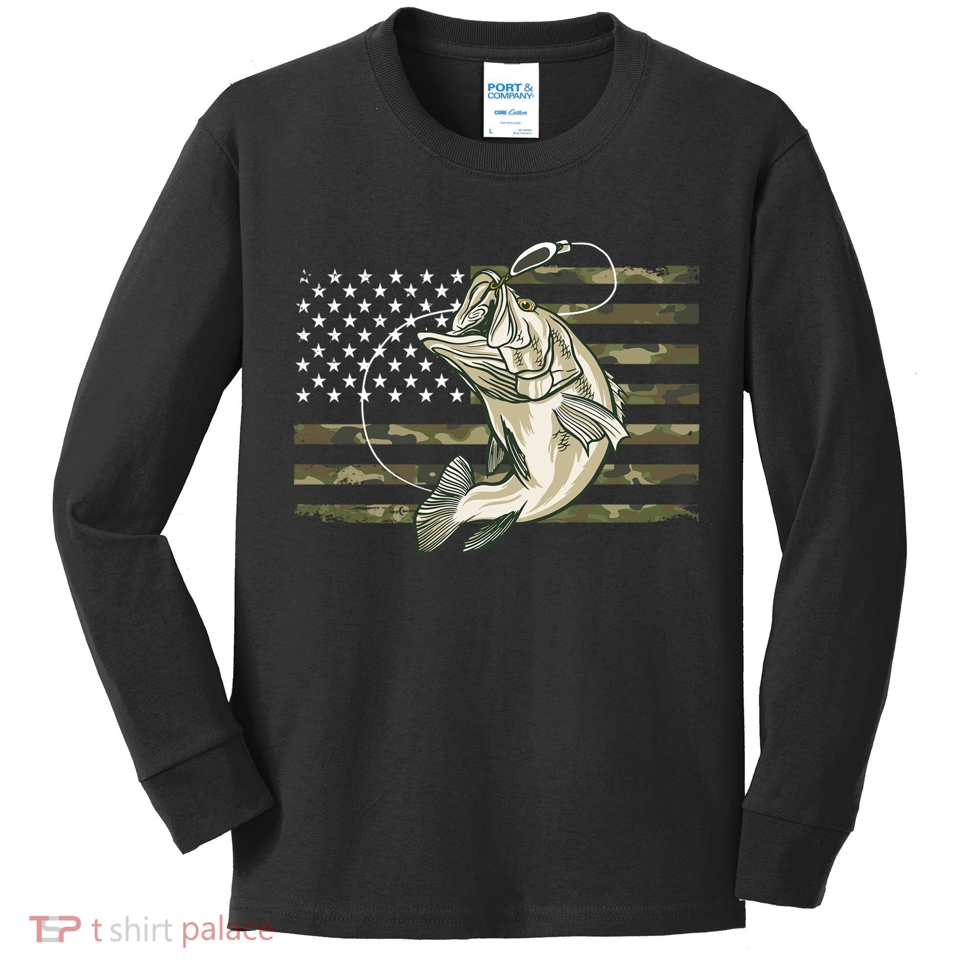 American Flag Bass Fish Fisherman Kids Long Sleeve Shirt