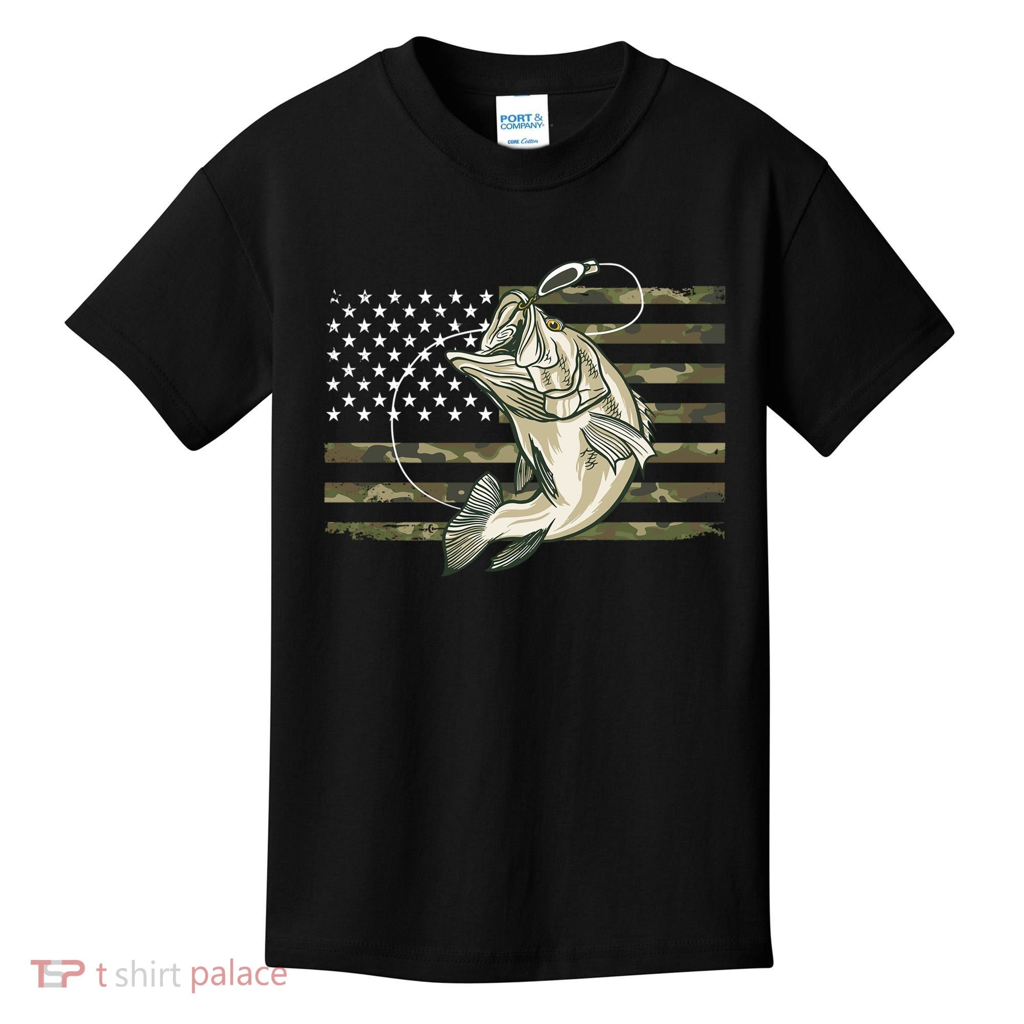 American Flag Bass Fish Fisherman Kids T-Shirt