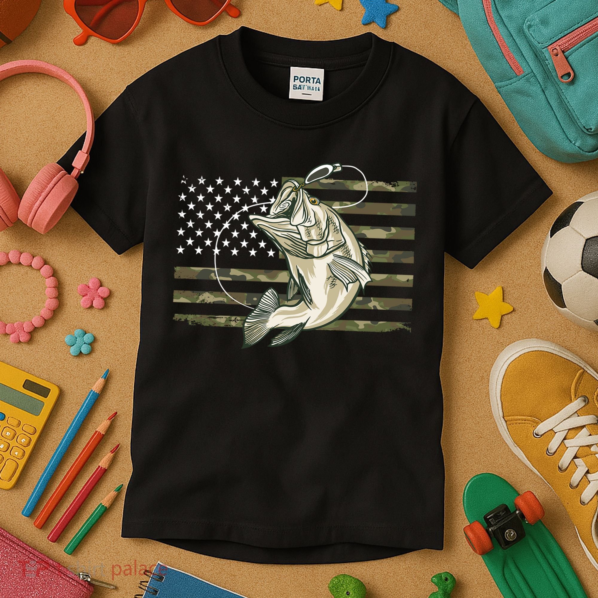 American Flag Bass Fish Fisherman Kids T-Shirt