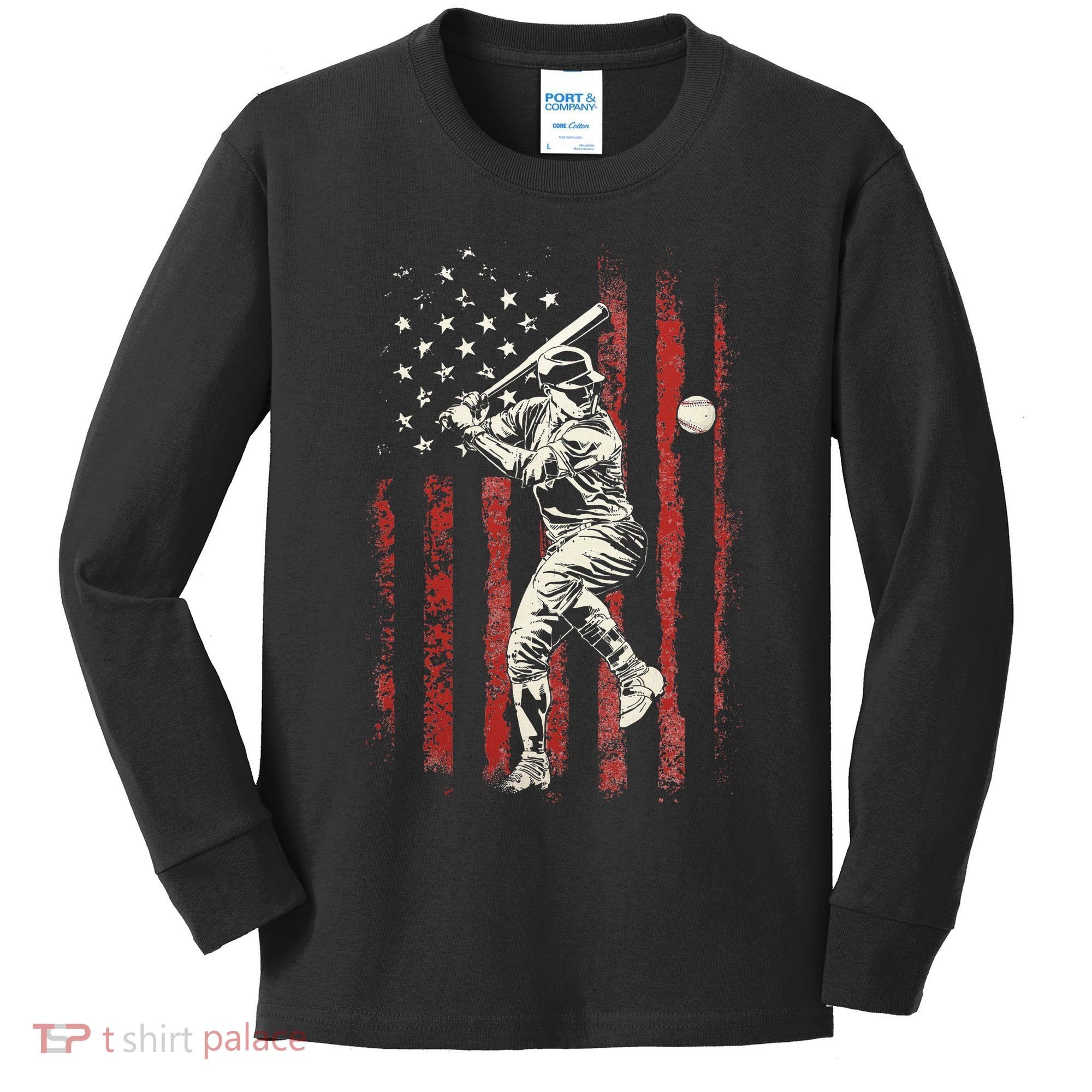American Flag Baseball Team Kids Long Sleeve Shirt