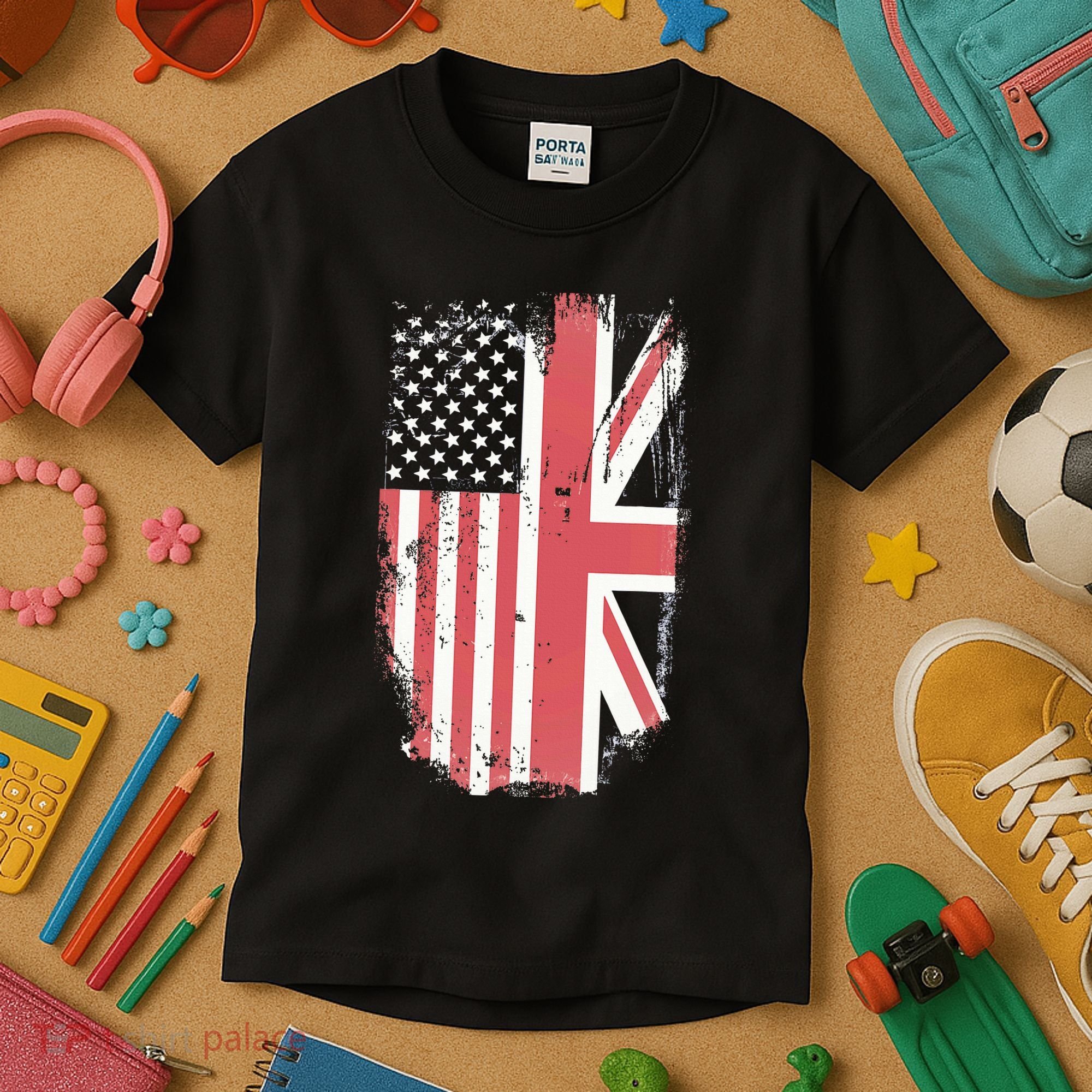 American Flag & British Flag Usa Uk Stars Stripes Union Jack Kids T-Shirt