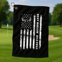 American Flag Best Buckin Dad Ever Gift Deer Hunter Gift Golf Towel thumb 1