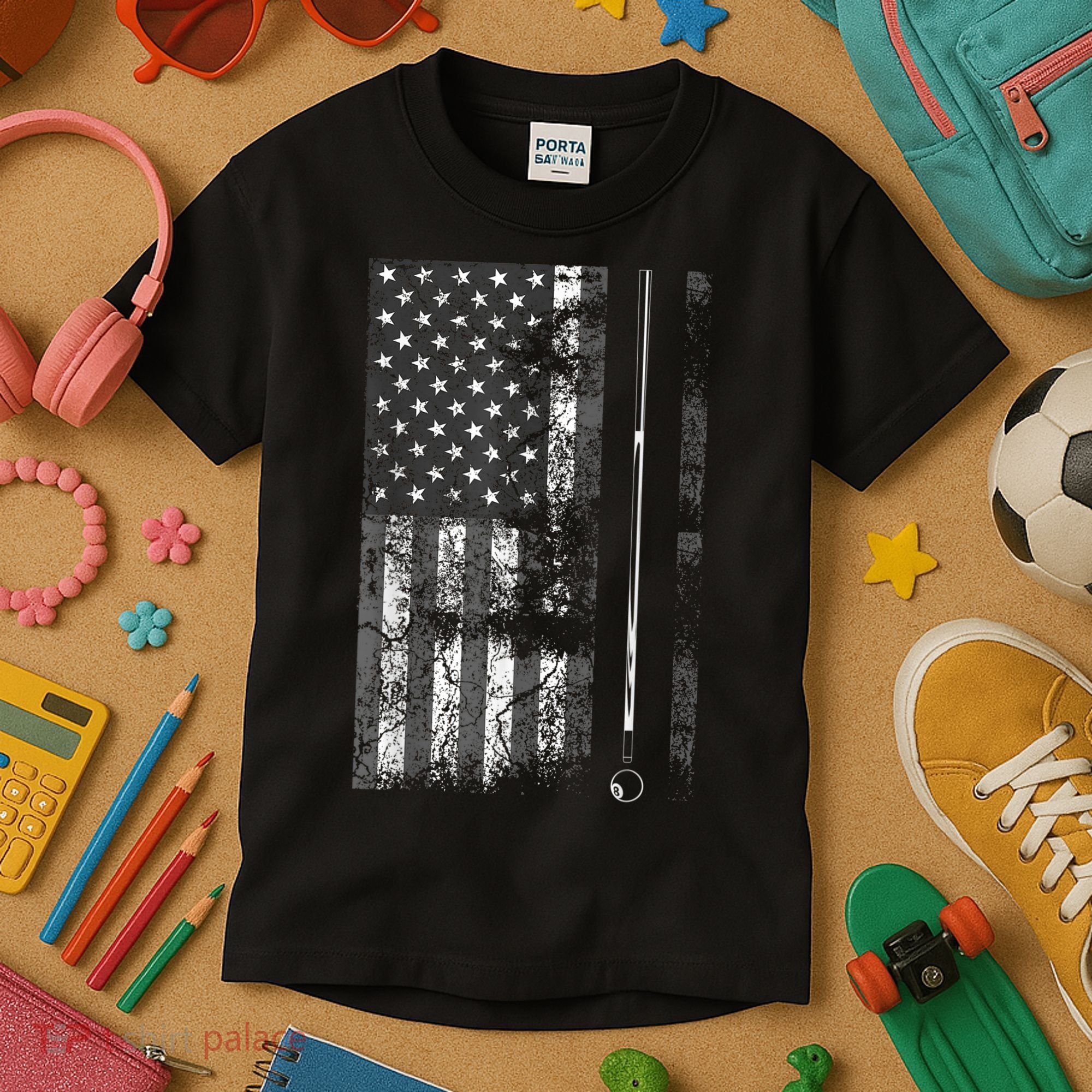 American Flag Billiard Stick Cute Table Game Funny USA Kids T-Shirt