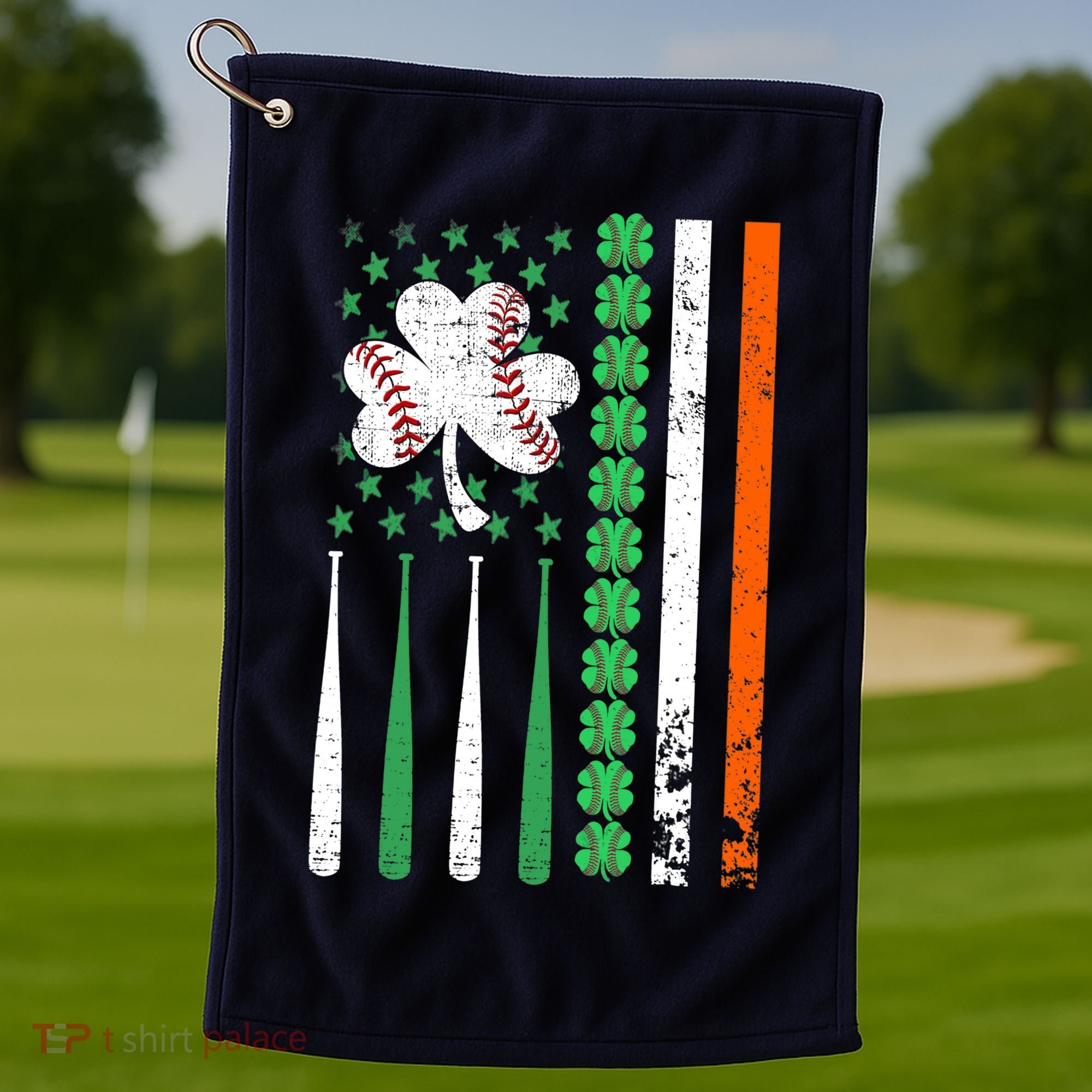 American Flag Baseball St Patricks Day Shamrock Lucky Clover Golf Towel