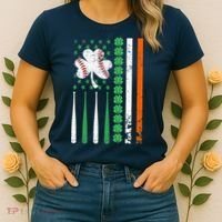 American Flag Baseball St Patricks Day Shamrock Lucky Clover Women's T-Shirt thumb 2