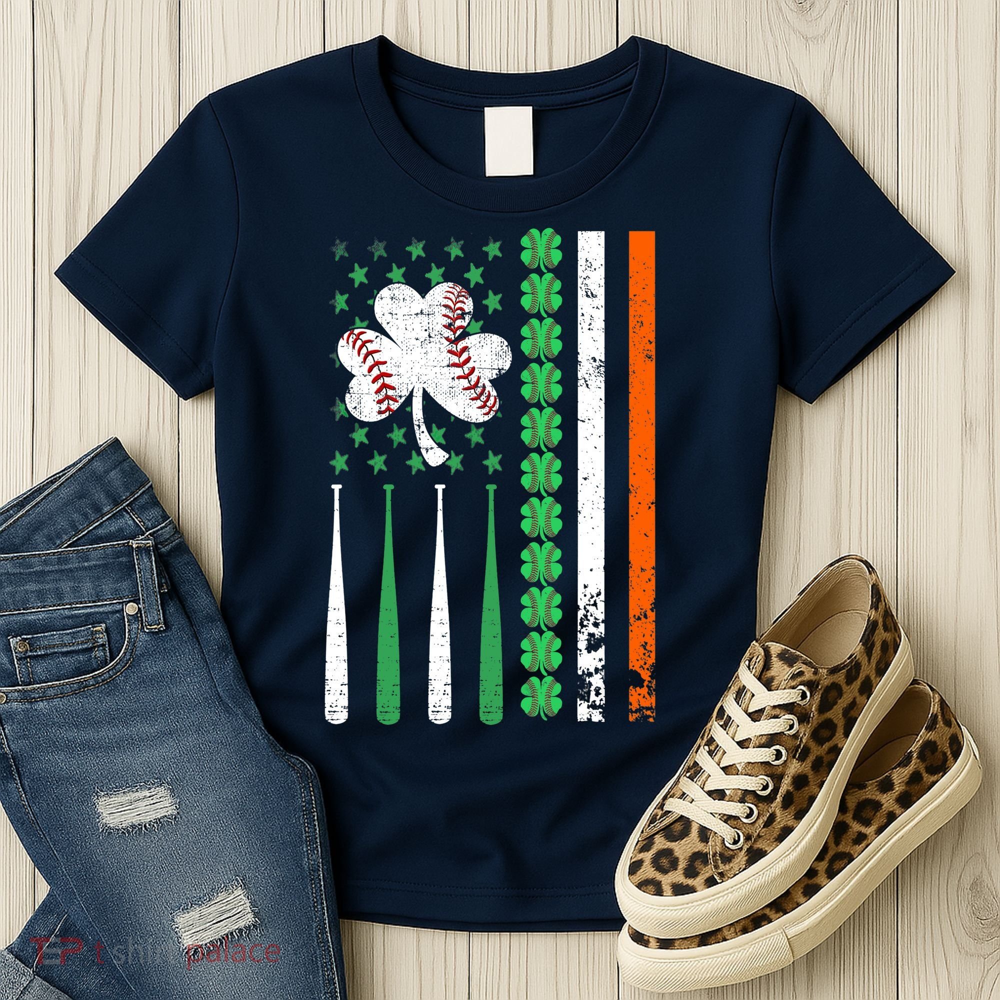 American Flag Baseball St Patricks Day Shamrock Lucky Clover Women's T-Shirt