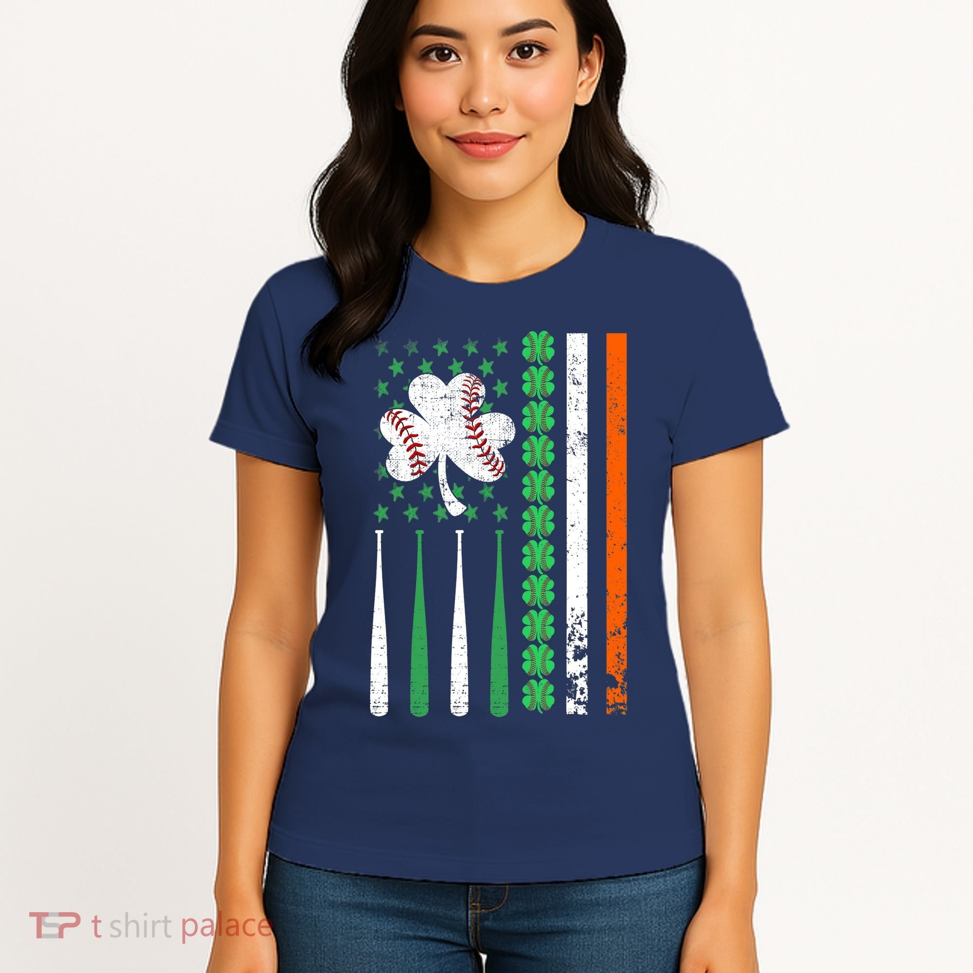 American Flag Baseball St Patricks Day Shamrock Lucky Clover Women's T-Shirt