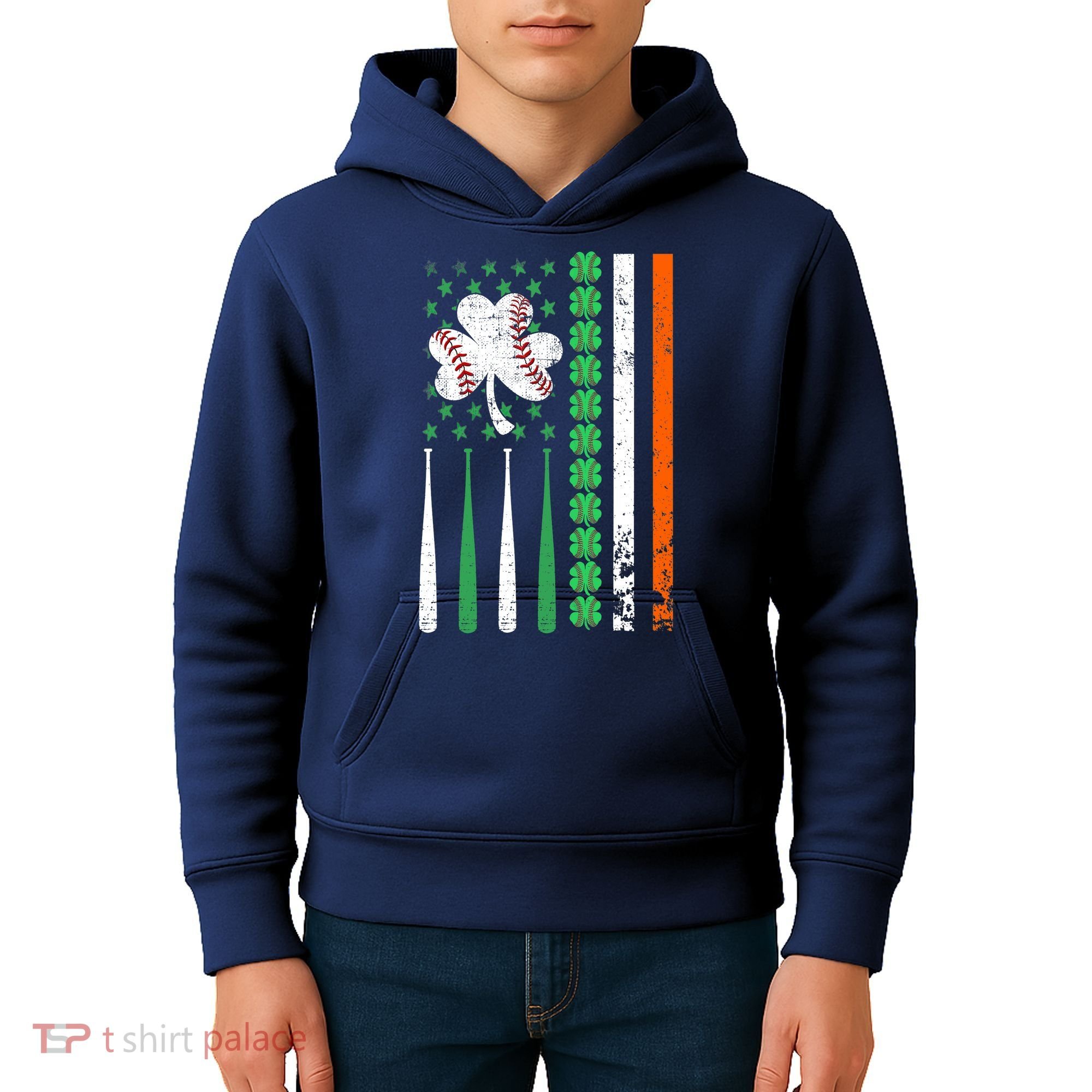 American Flag Baseball St Patricks Day Shamrock Lucky Clover Kids Hoodie