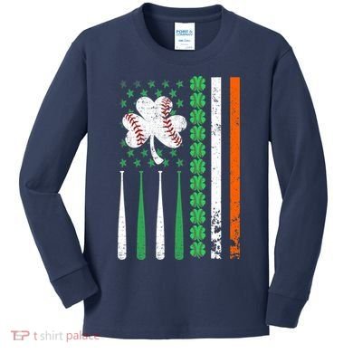 American Flag Baseball St Patricks Day Shamrock Lucky Clover Kids Long Sleeve Shirt
