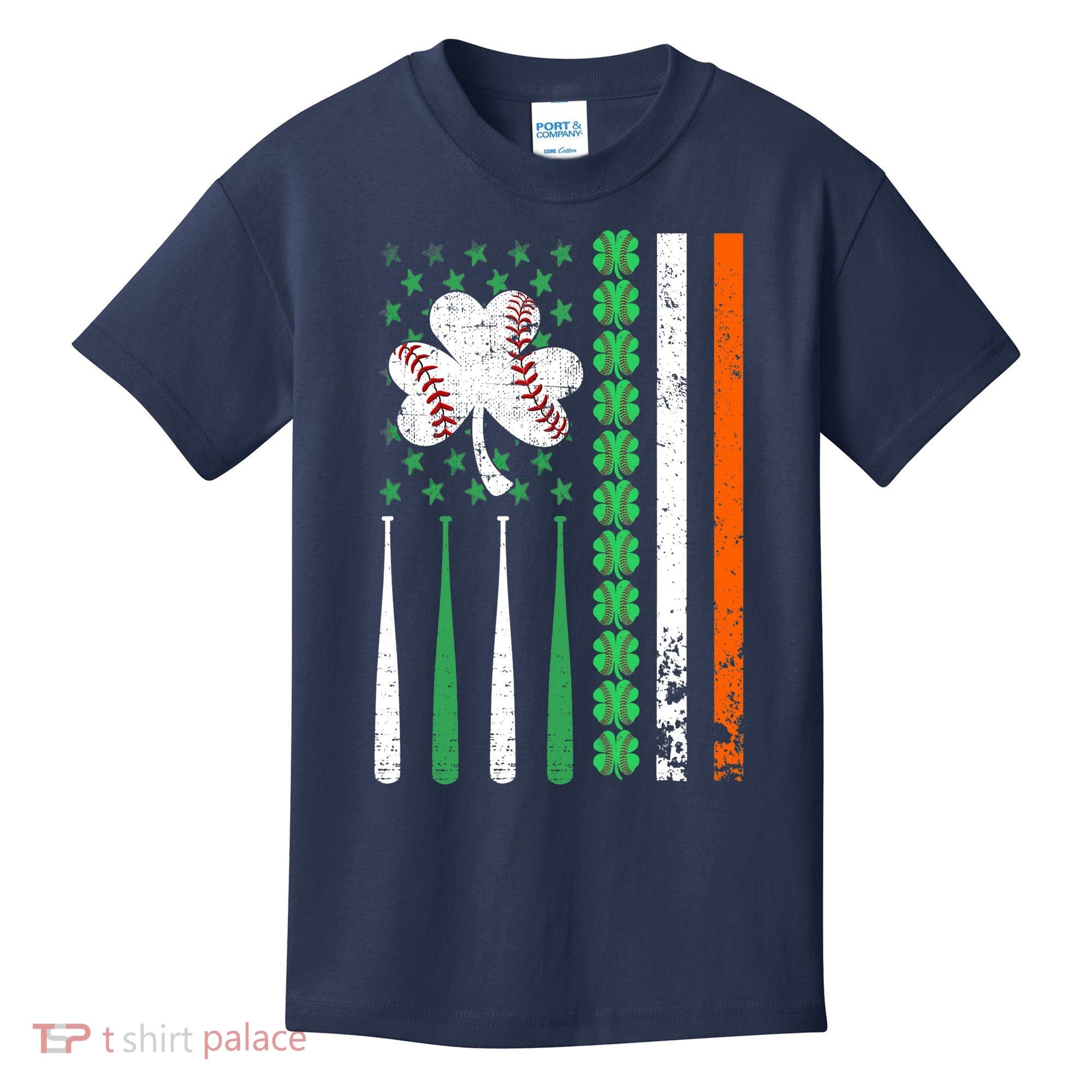 American Flag Baseball St Patricks Day Shamrock Lucky Clover Kids T-Shirt