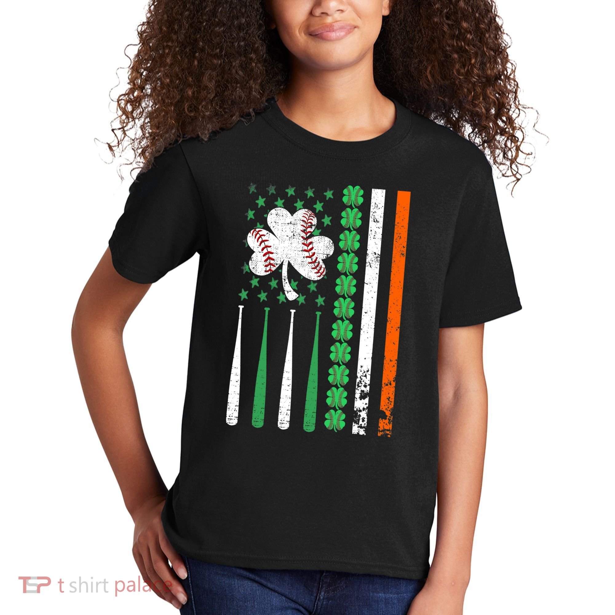 American Flag Baseball St Patricks Day Shamrock Lucky Clover Kids T-Shirt