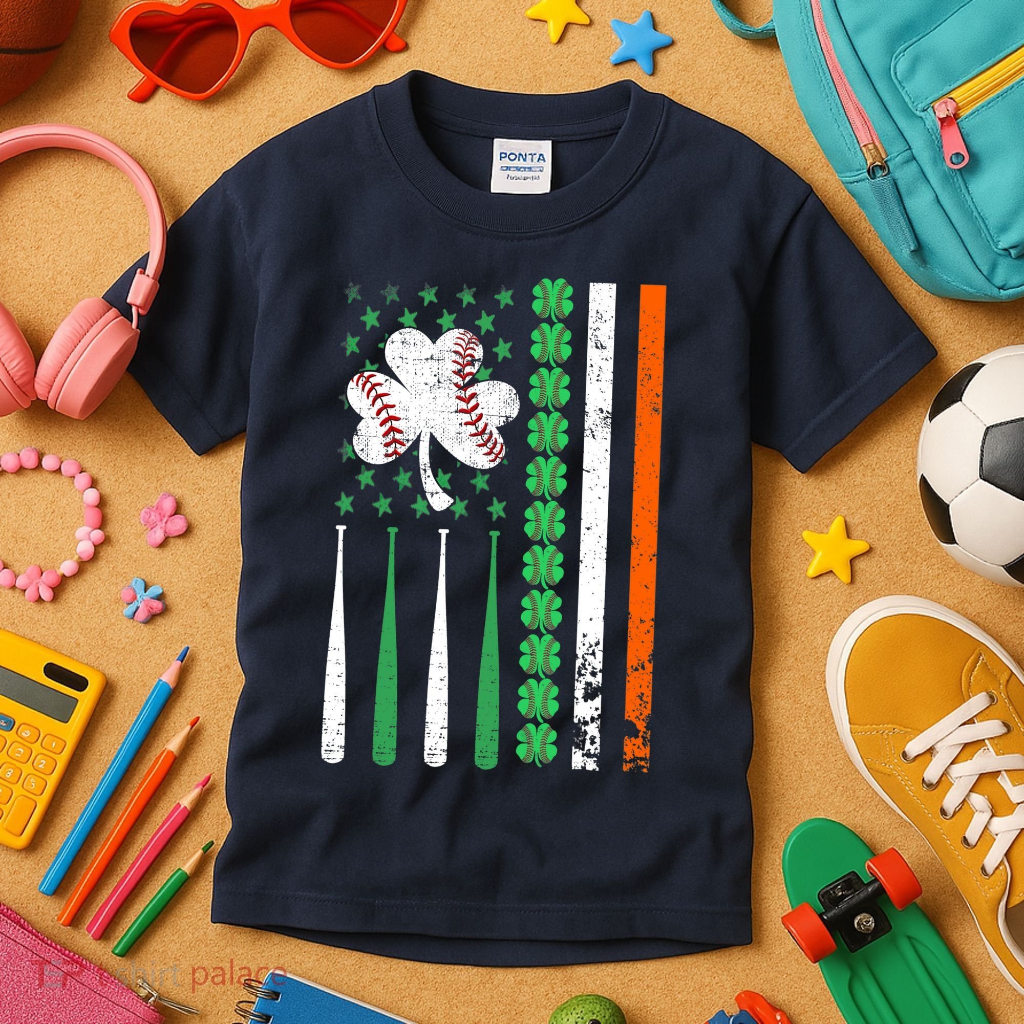 American Flag Baseball St Patricks Day Shamrock Lucky Clover Kids T-Shirt