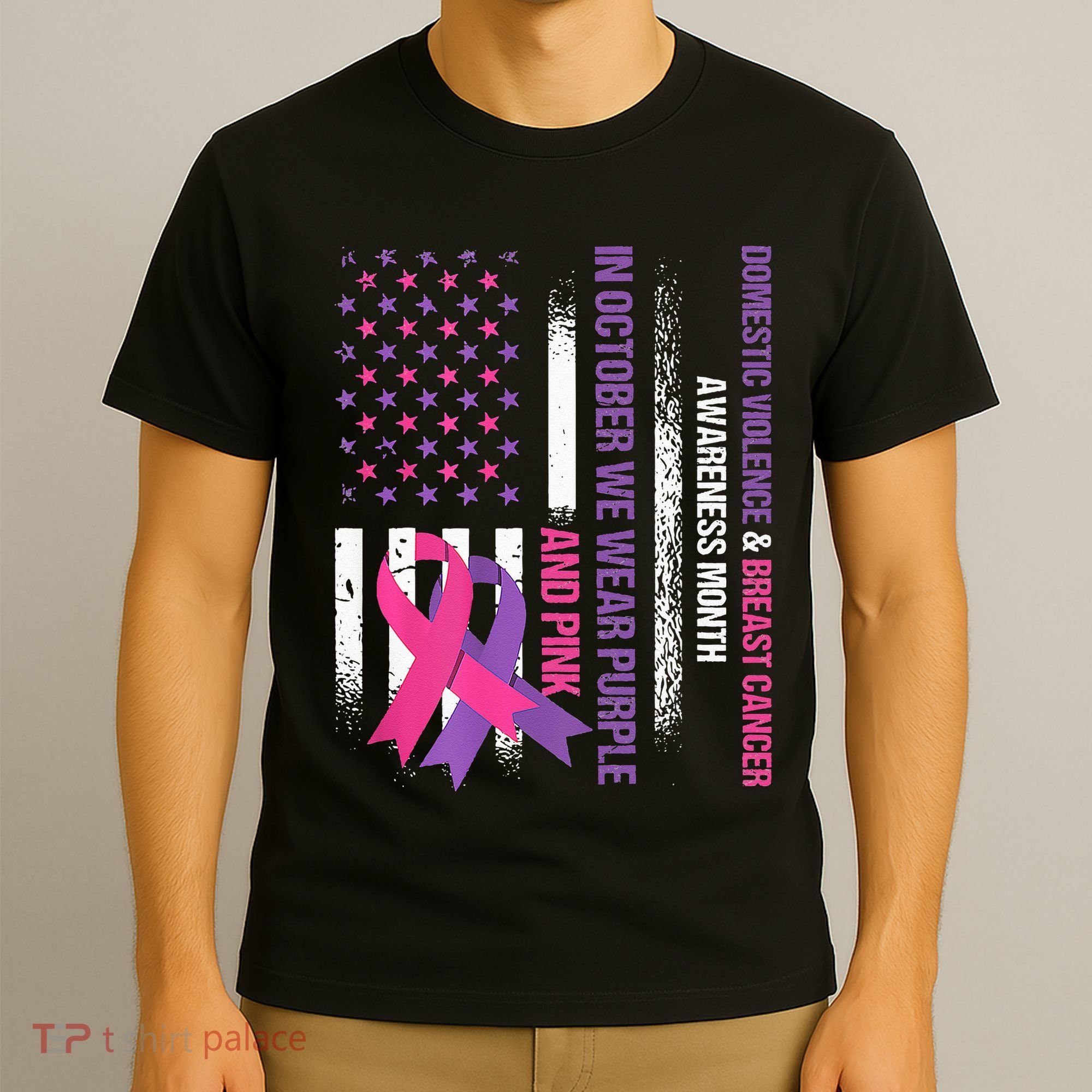 American Flag Breast Cancer And Domestic Violence Awareness T-Shirt