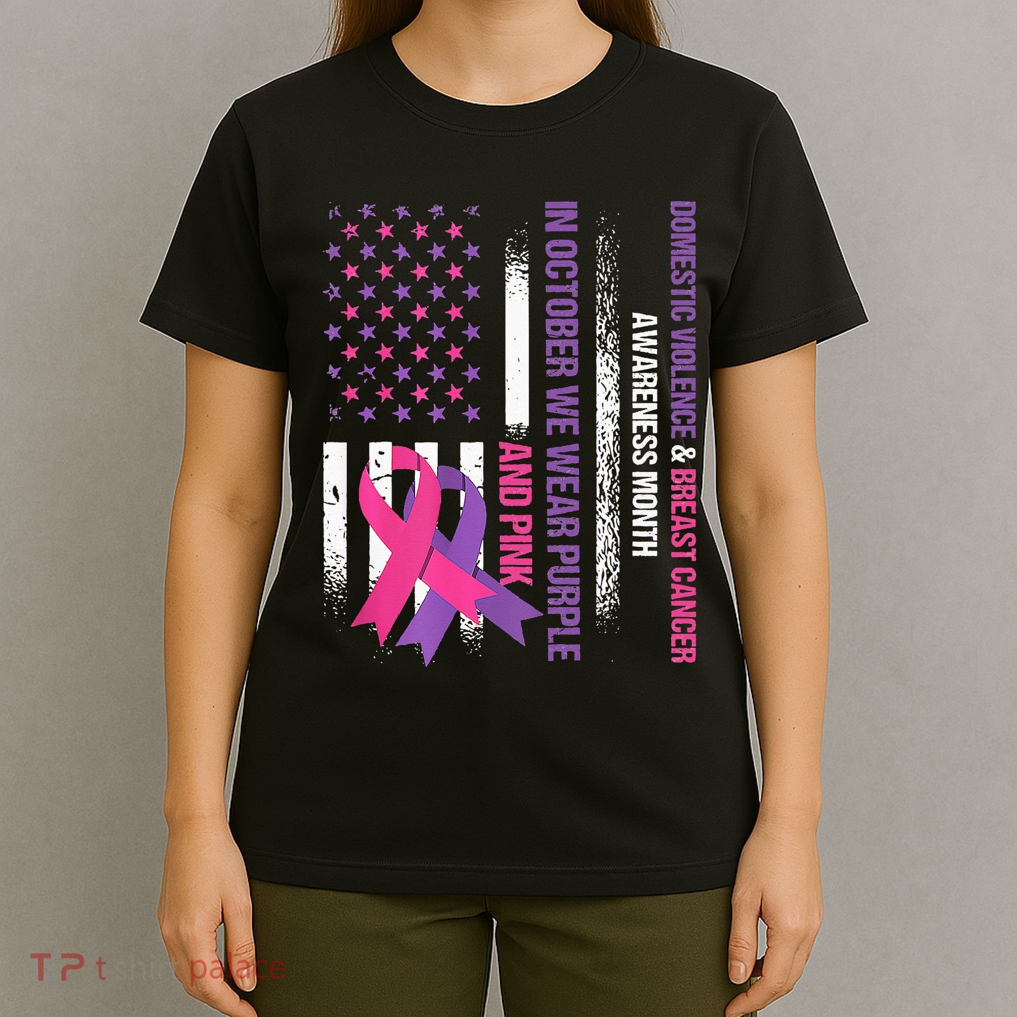American Flag Breast Cancer And Domestic Violence Awareness T-Shirt