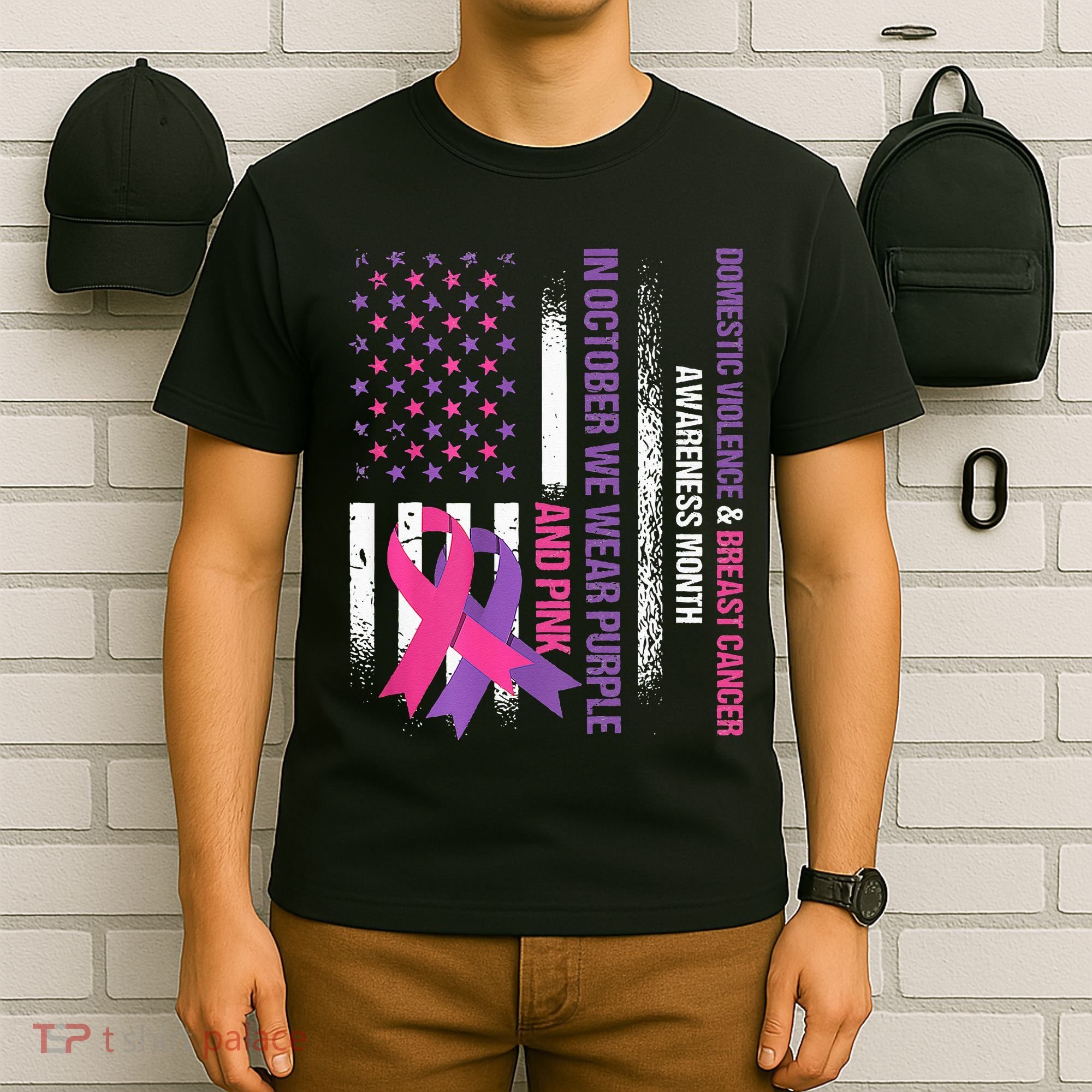 American Flag Breast Cancer And Domestic Violence Awareness T-Shirt