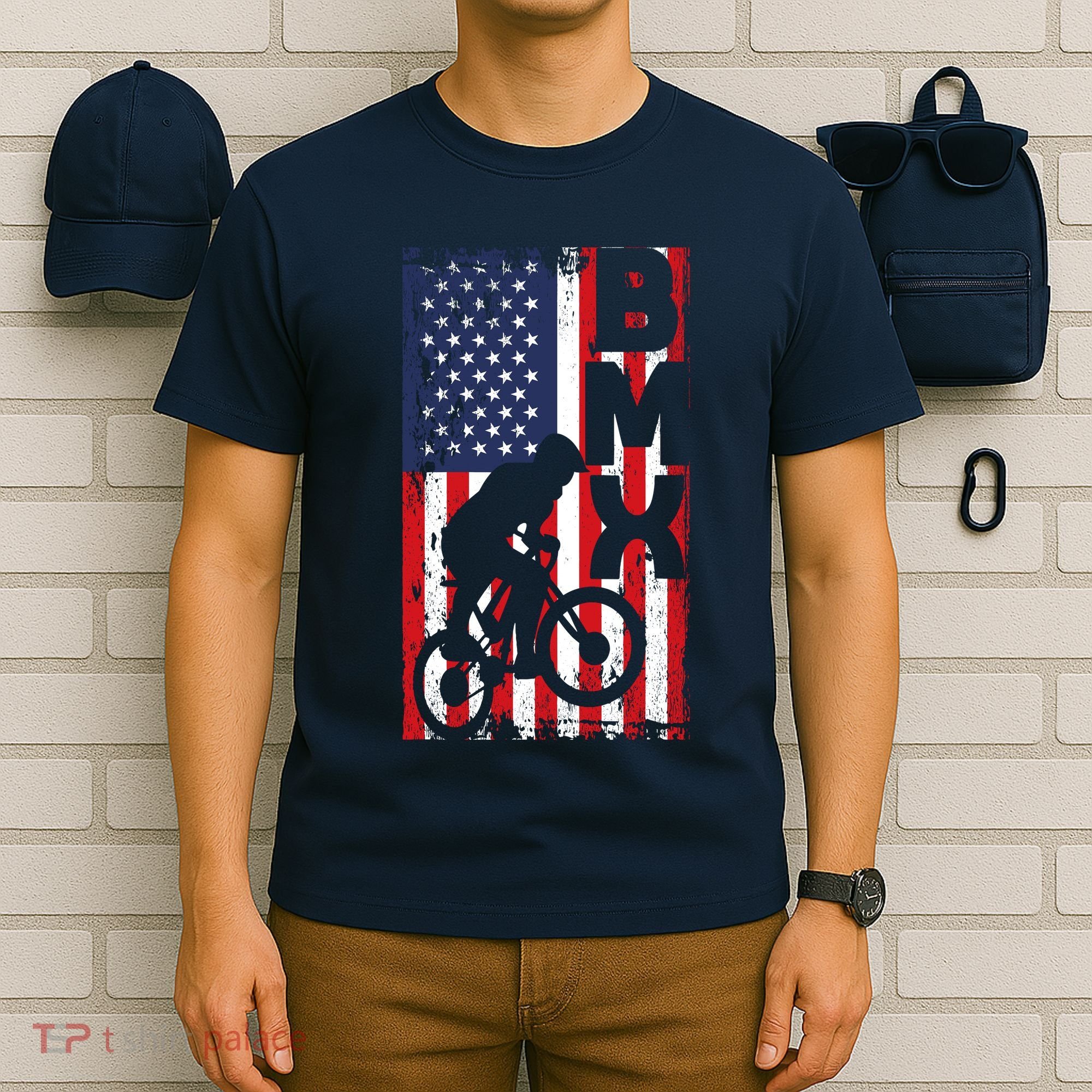 American Flag Bmx Racing Extreme Sport Riding Cool Bike Ride T-Shirt