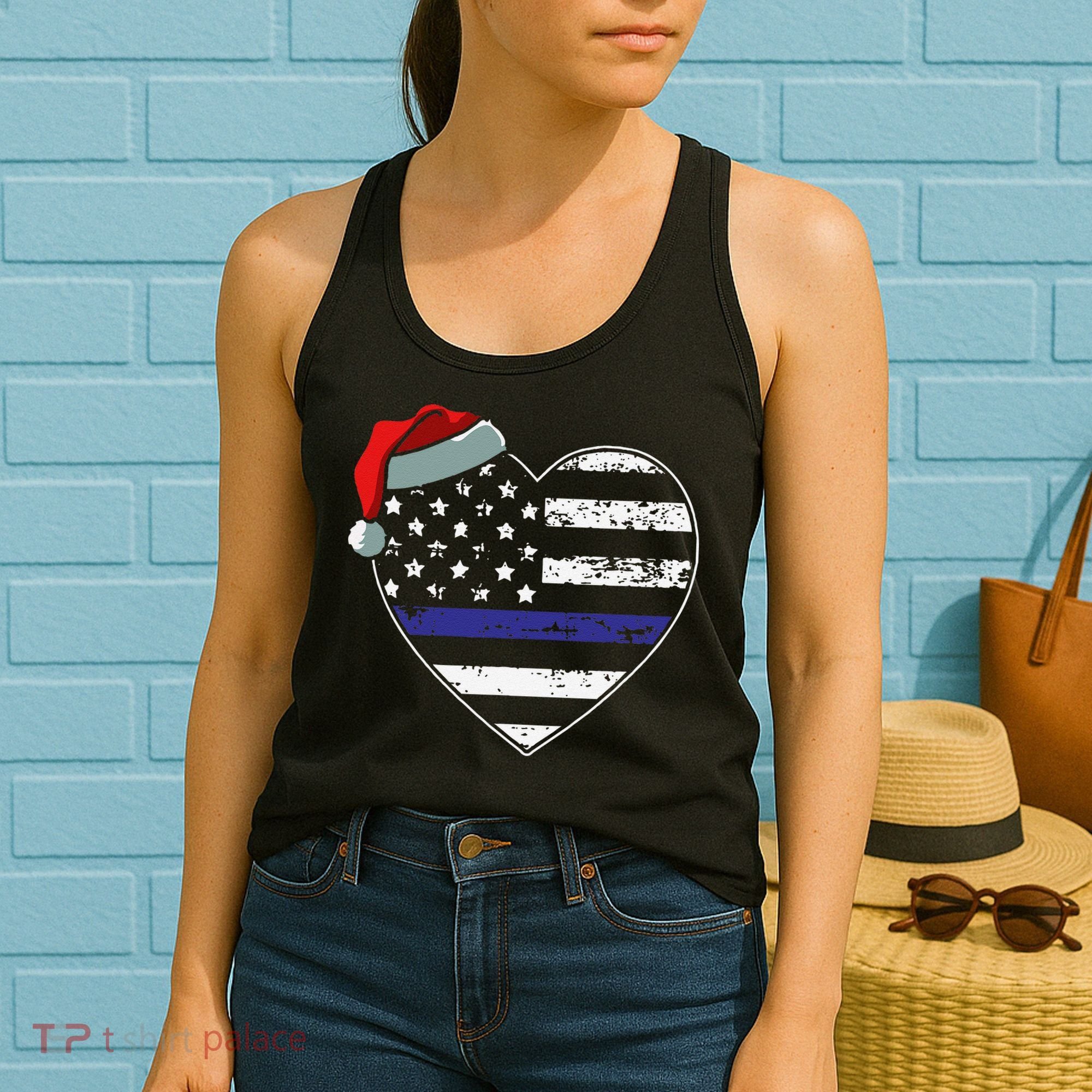 American Flag Blue Line Police Christmas Pajama Cop Officer Women's Tank Top