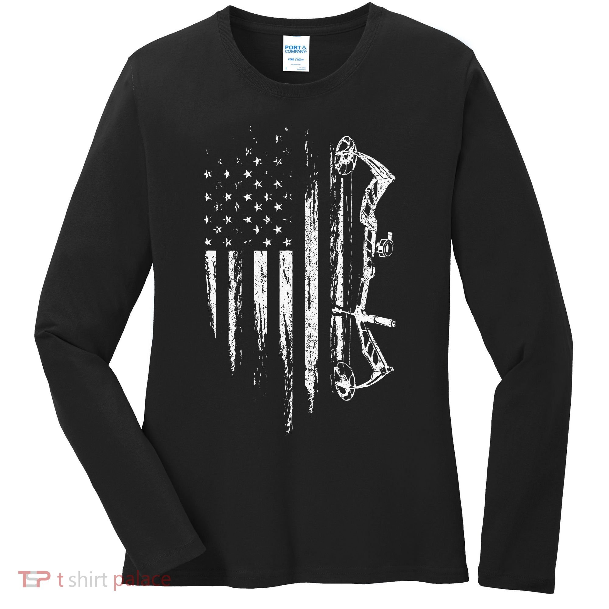 American Flag Bowhunting Bow Archery Gift For Deer Hunter Women's Long Sleeve Shirt