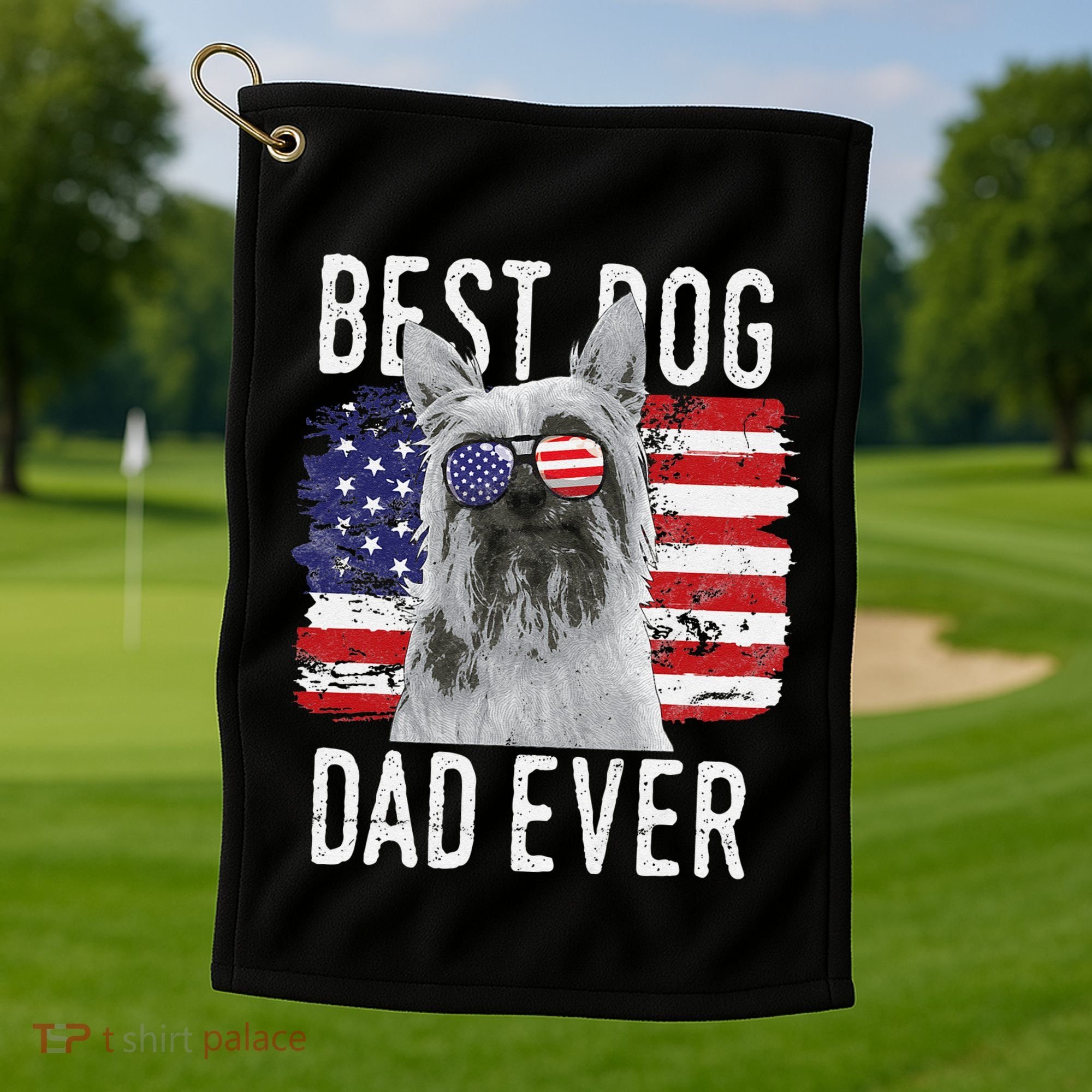 American Flag Best Dog Dad Ever Silky Terriers Usa Golf Towel