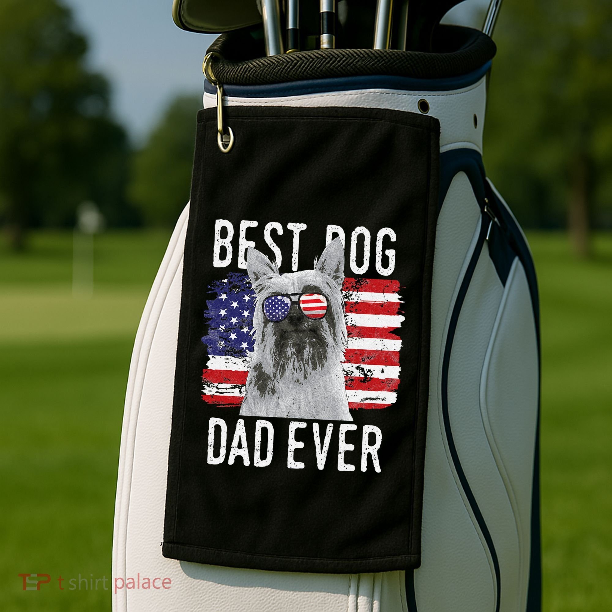 American Flag Best Dog Dad Ever Silky Terriers Usa Golf Towel