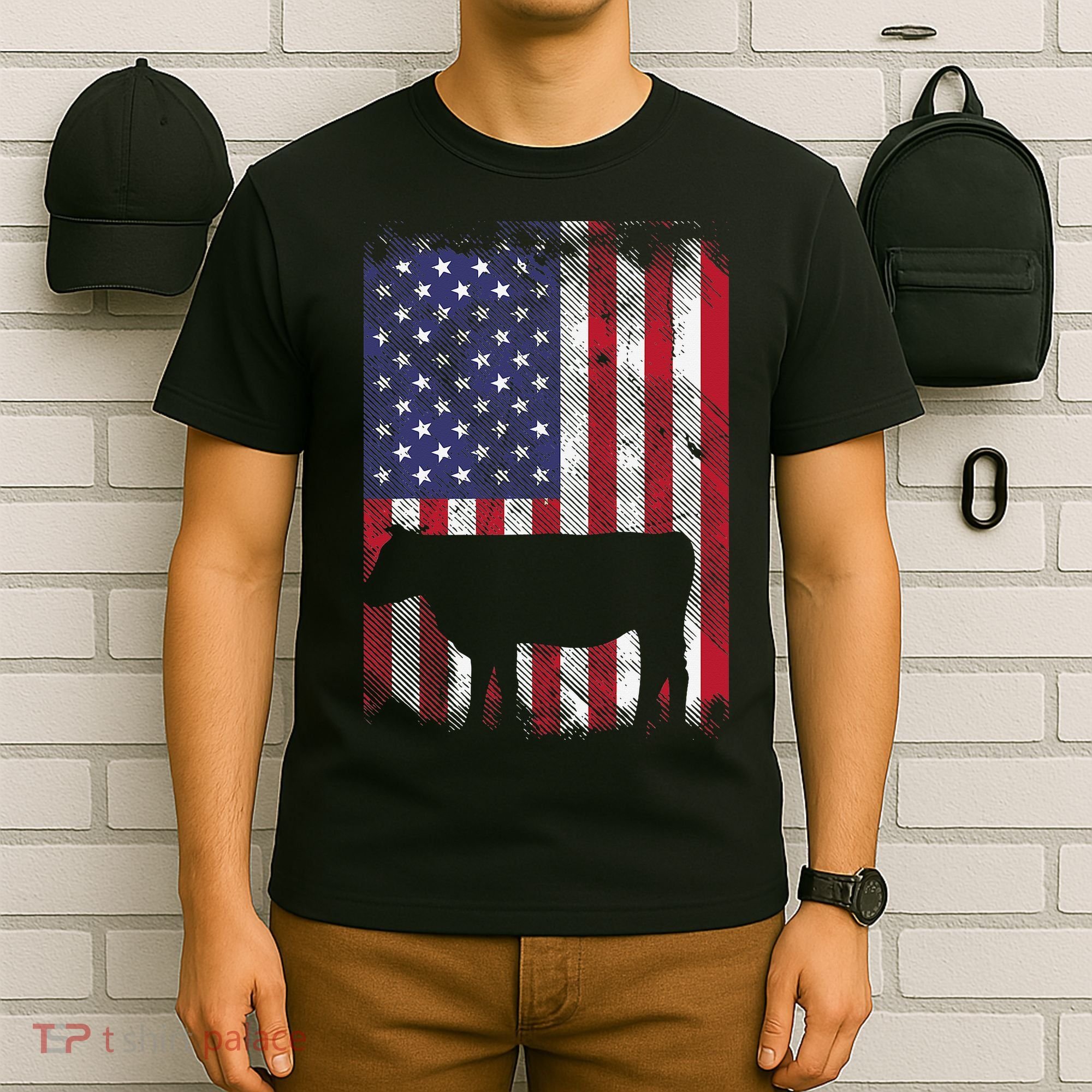 American Flag Cow Vintage Farm Animal Patriotic Farmer Gift T-Shirt