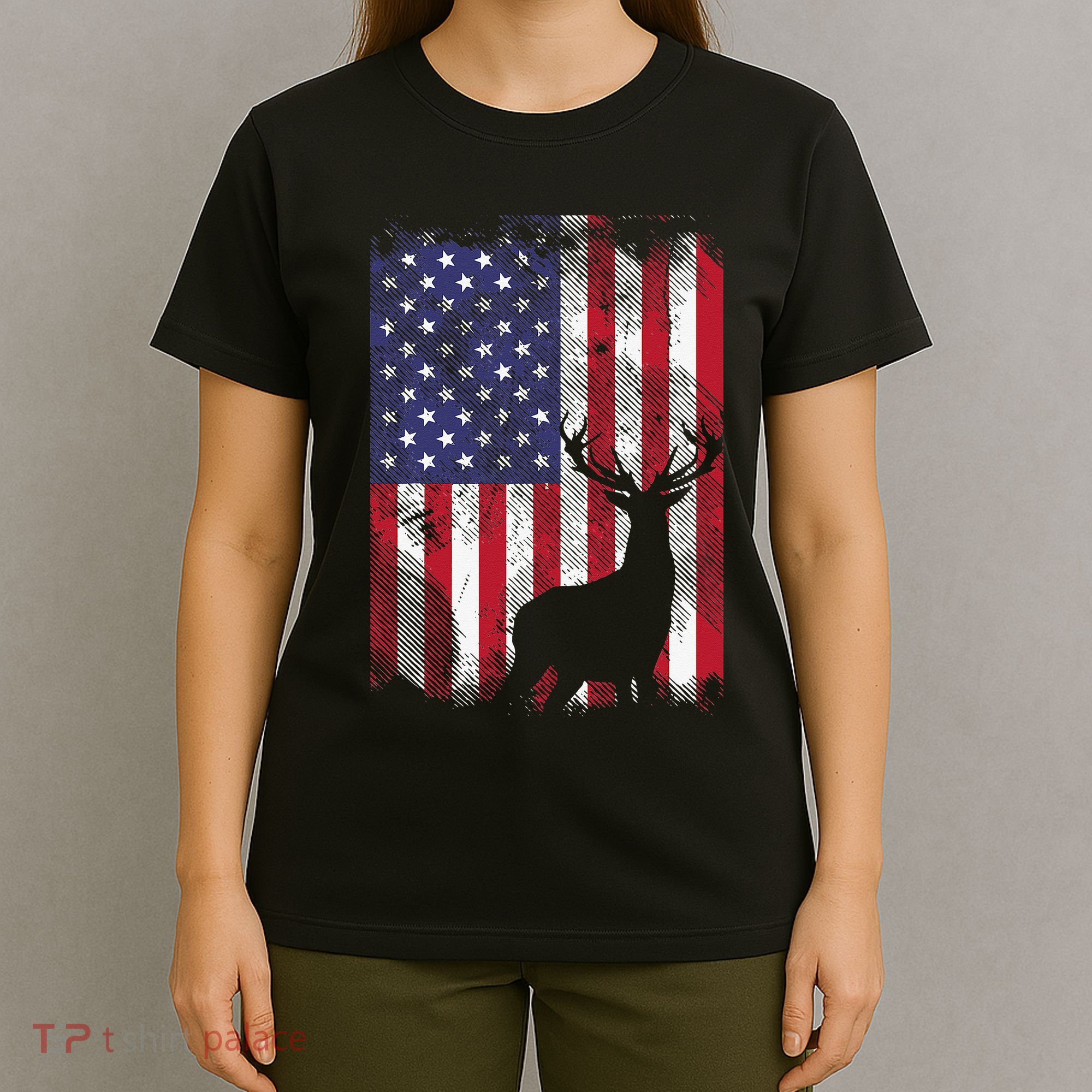 American Flag Deer Elk Hunting USA Patriotic Hunter Gift T-Shirt