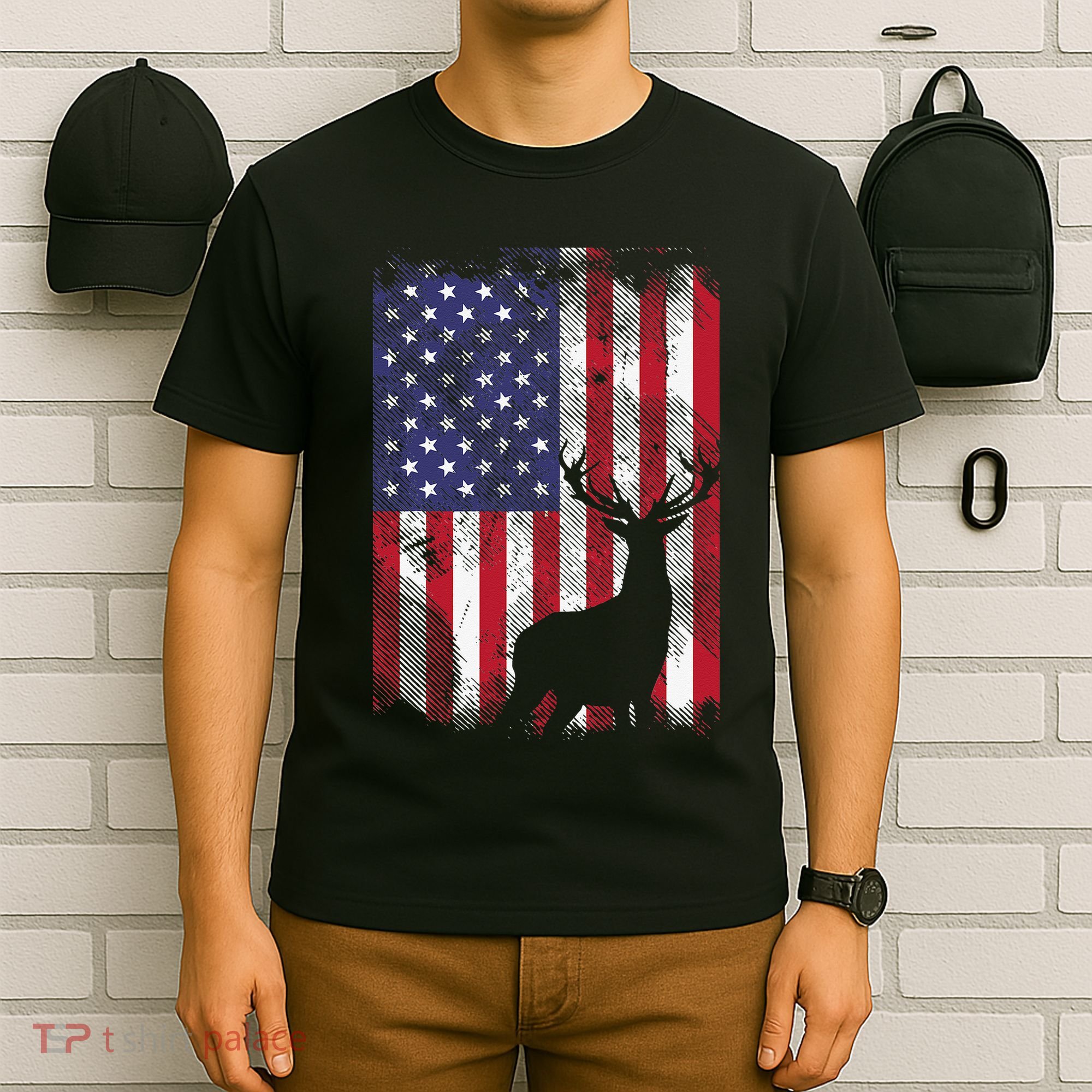 American Flag Deer Elk Hunting USA Patriotic Hunter Gift T-Shirt
