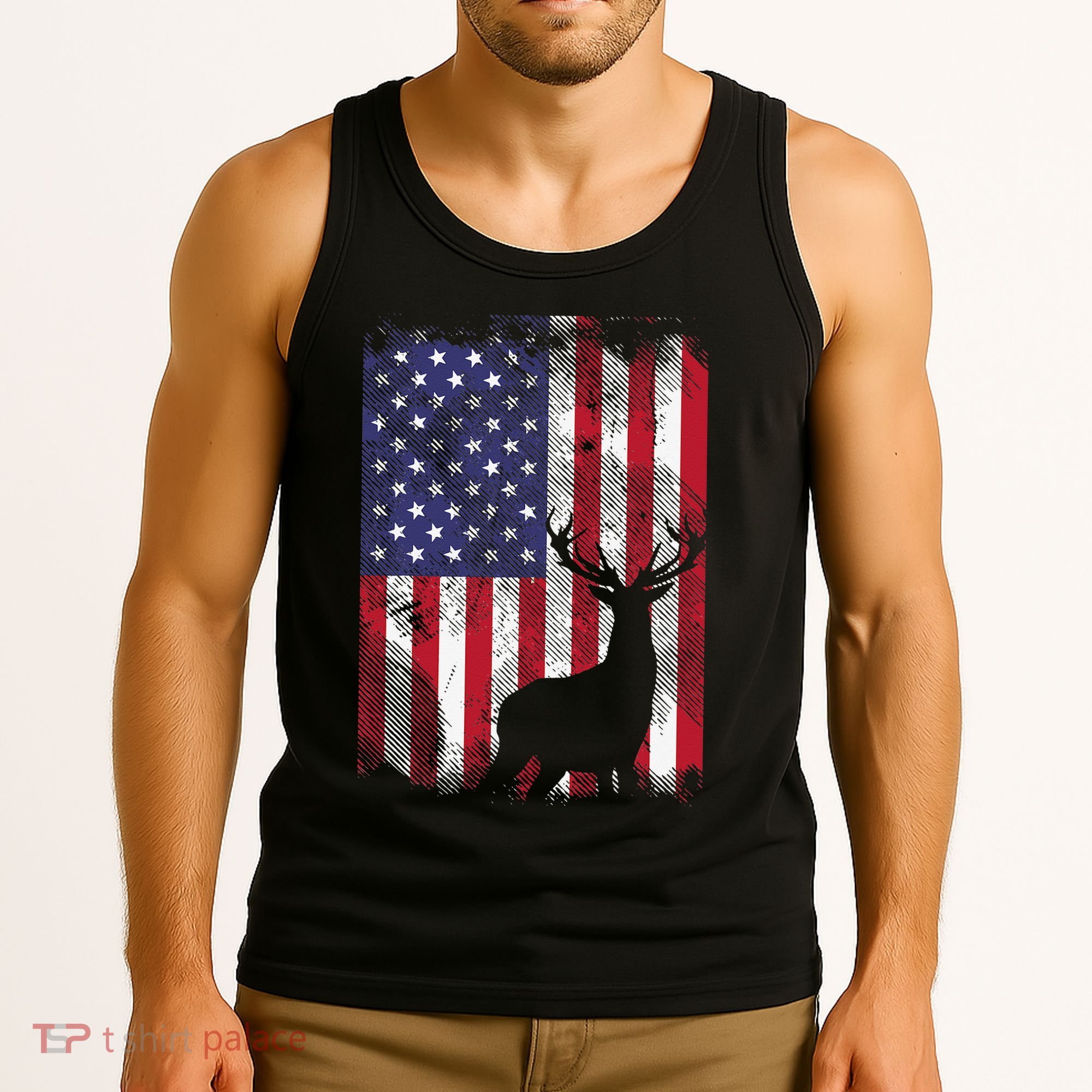 American Flag Deer Elk Hunting USA Patriotic Hunter Gift Tank Top
