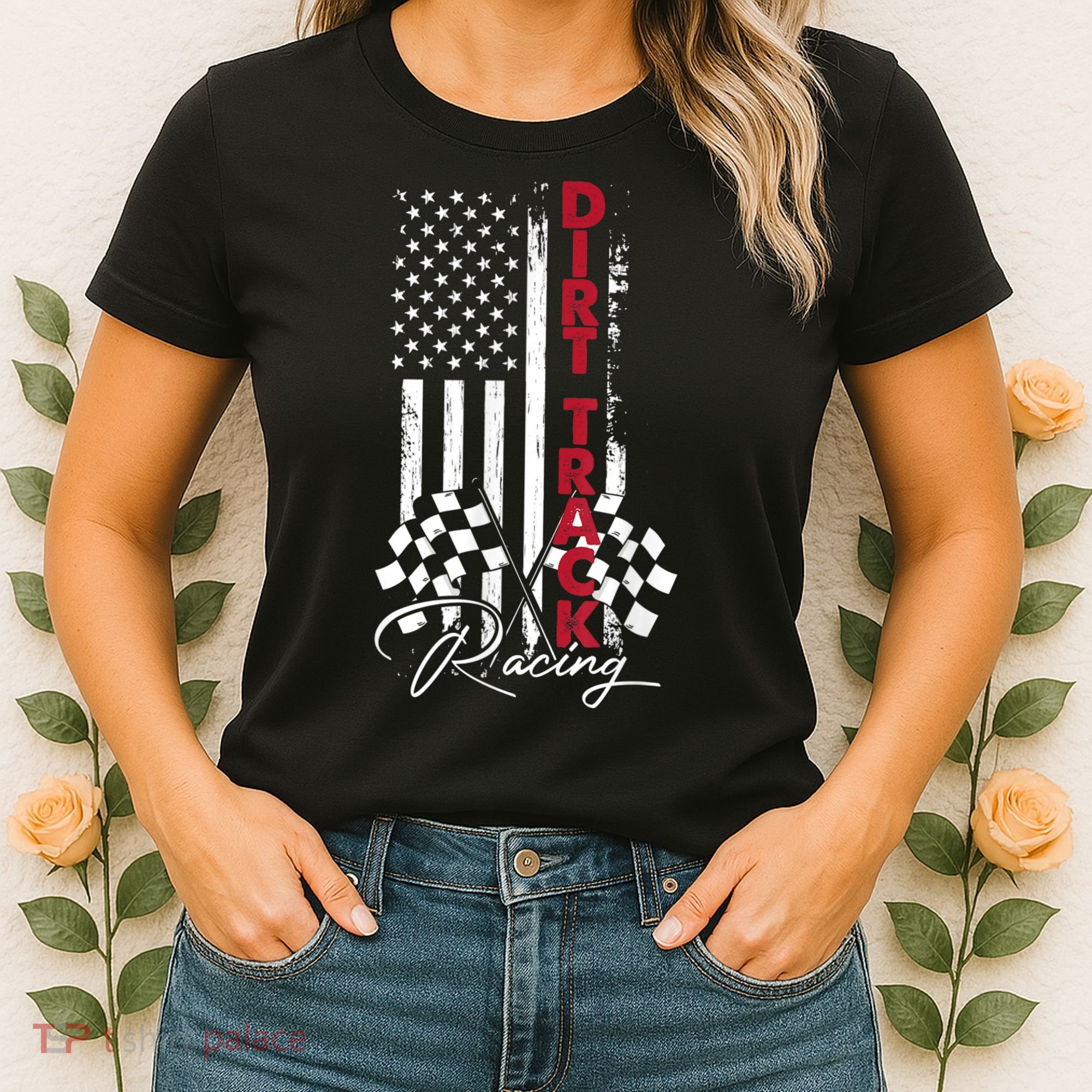 American Flag Dirt Track Racing Car Bike Driver Racing Racer Women's T-Shirt