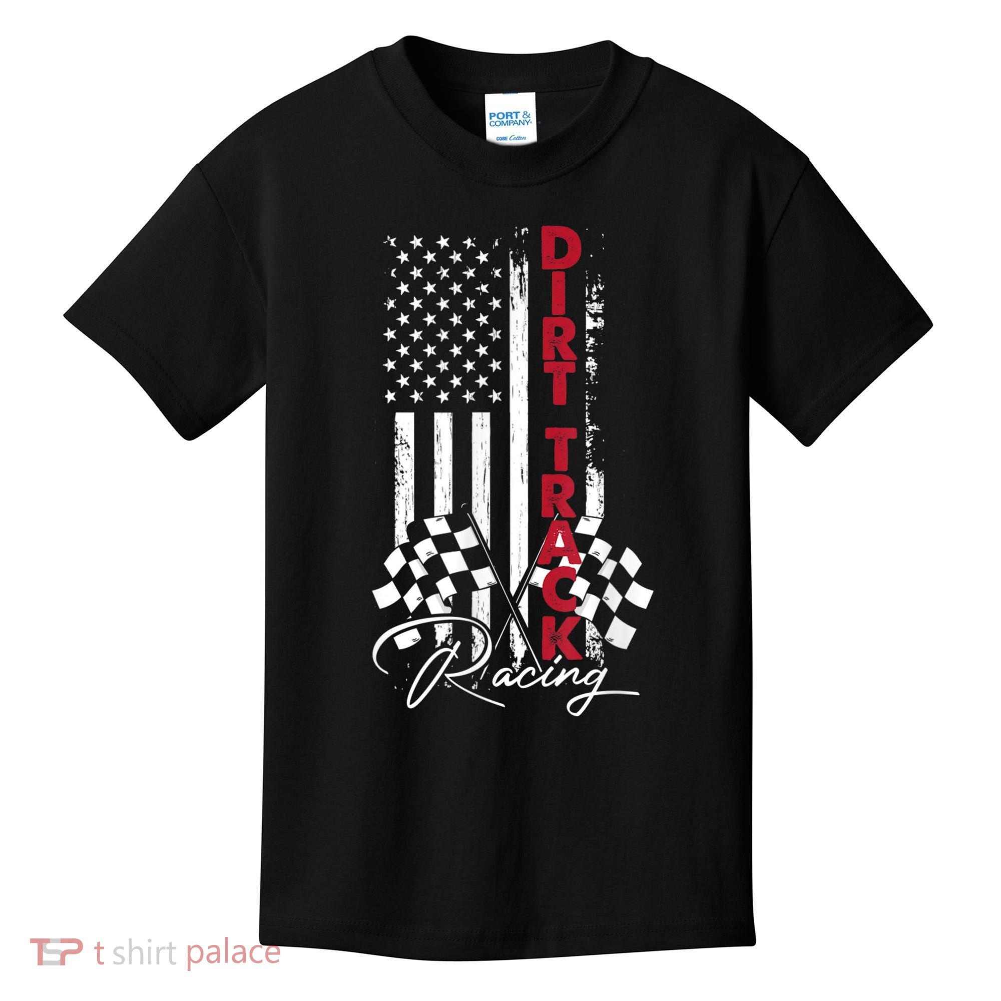American Flag Dirt Track Racing Car Bike Driver Racing Racer Kids T-Shirt
