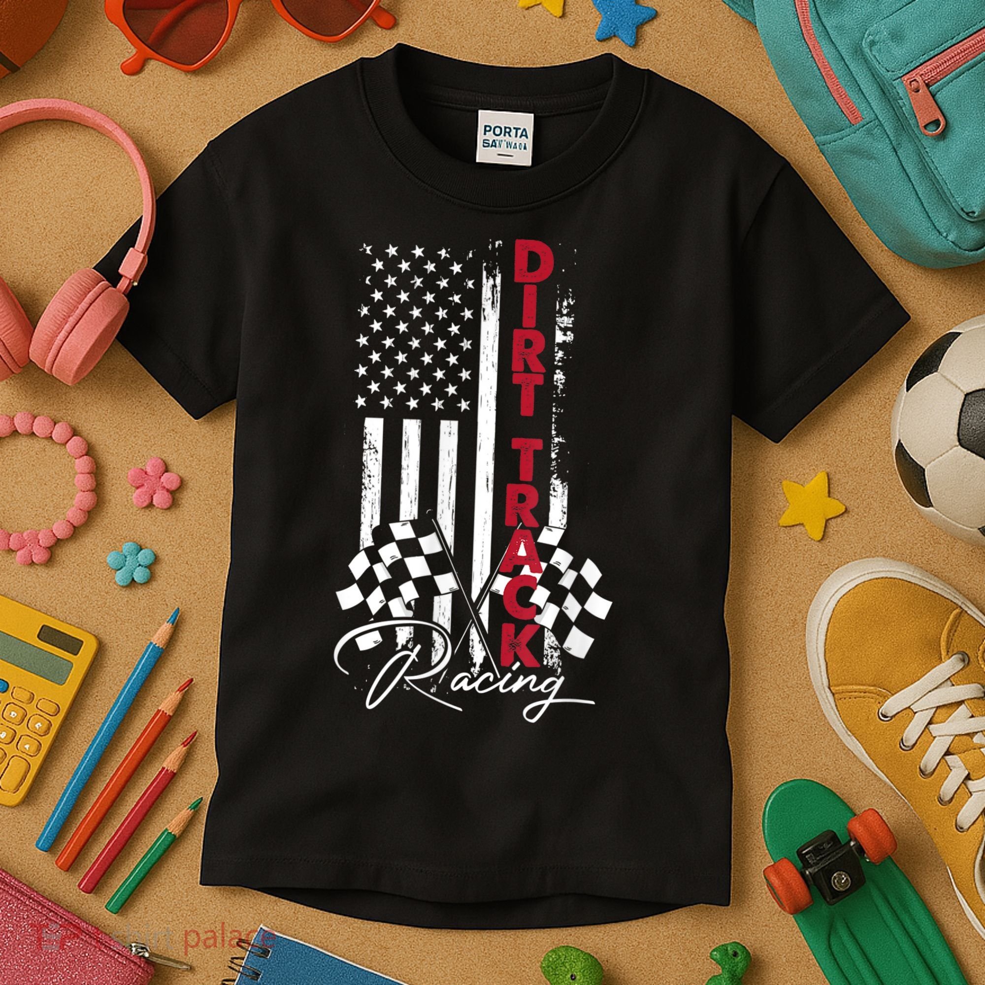 American Flag Dirt Track Racing Car Bike Driver Racing Racer Kids T-Shirt