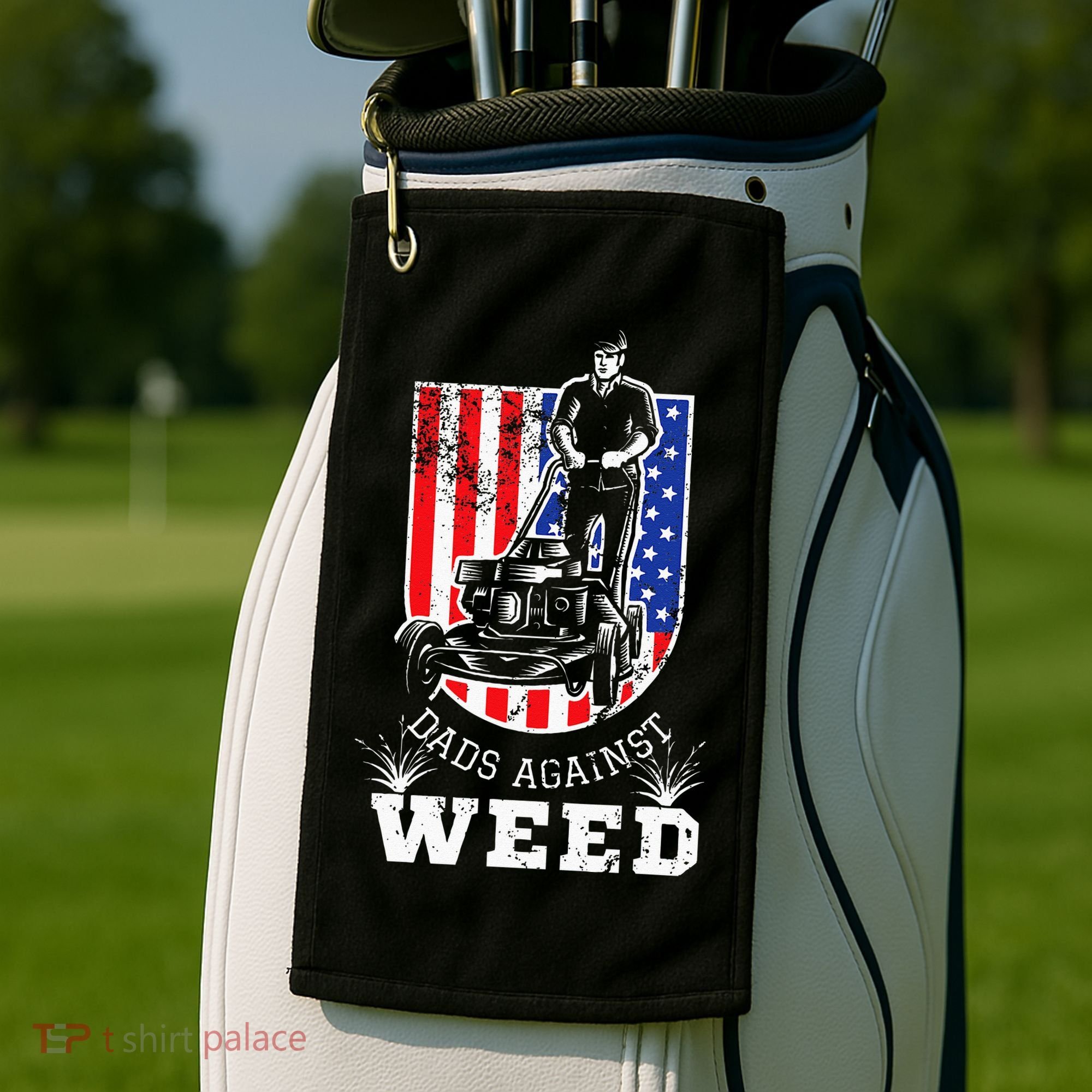 American Flag Dads Against Weed Funny Lawn Mowing Fathers Golf Towel