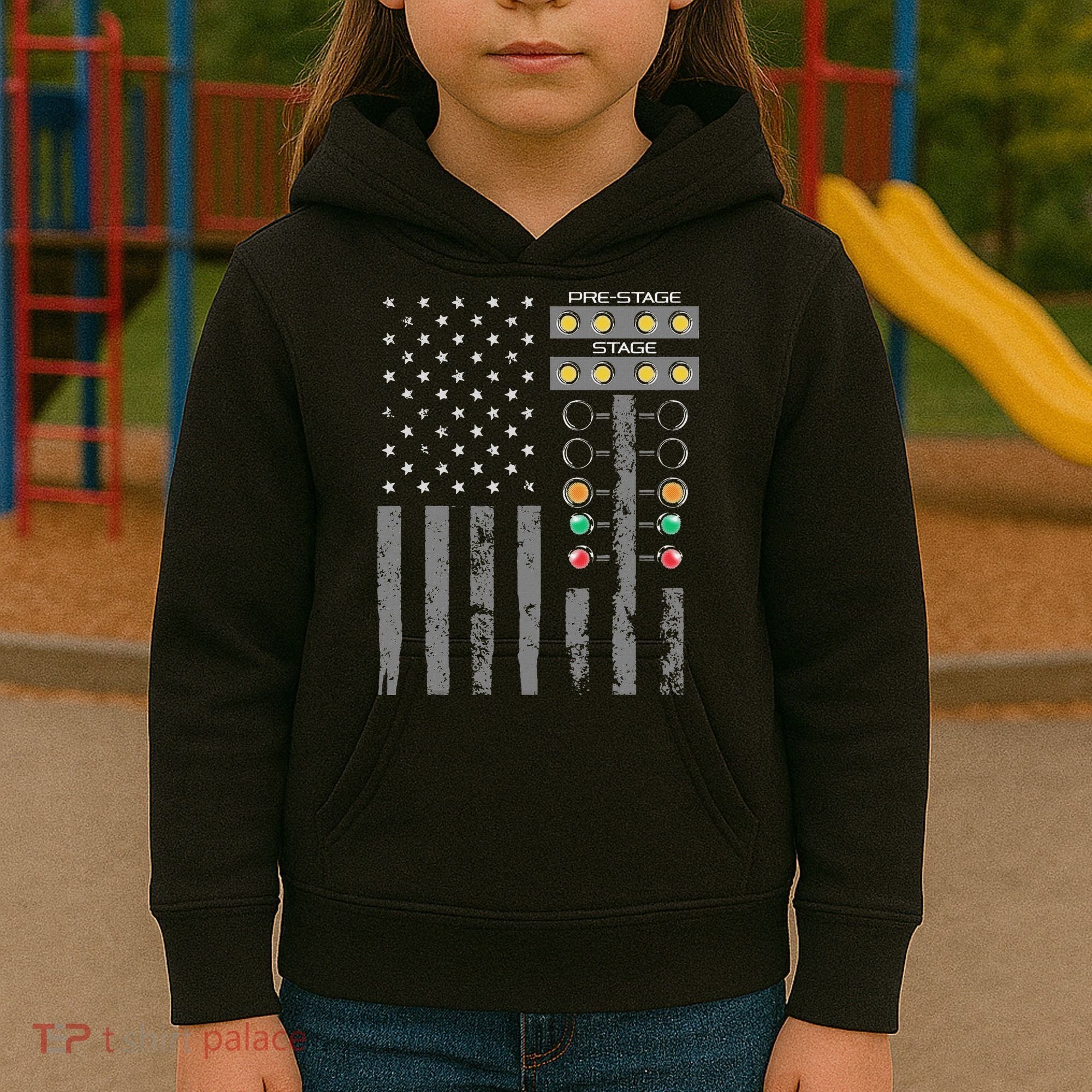 American Flag Drag Racing Strip Tree Light For Dragster Kids Hoodie