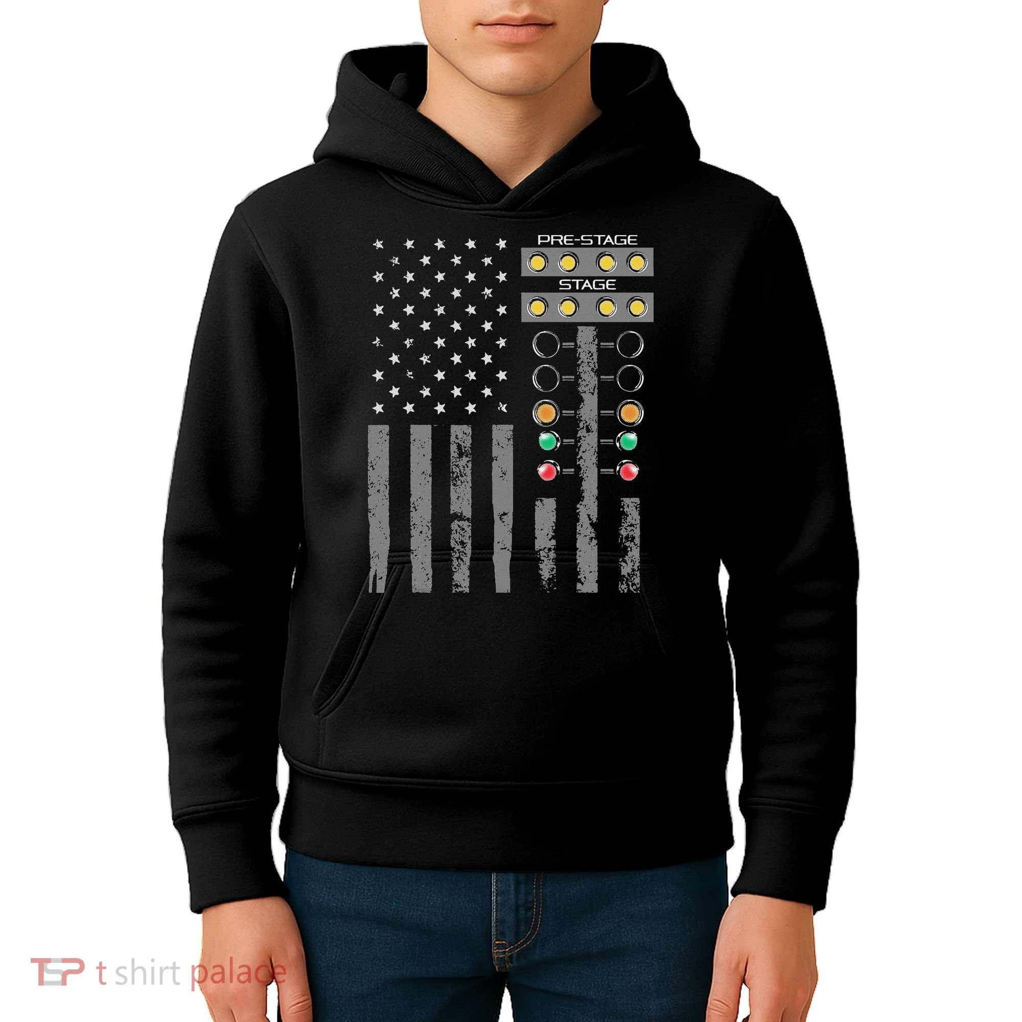 American Flag Drag Racing Strip Tree Light For Dragster Kids Hoodie